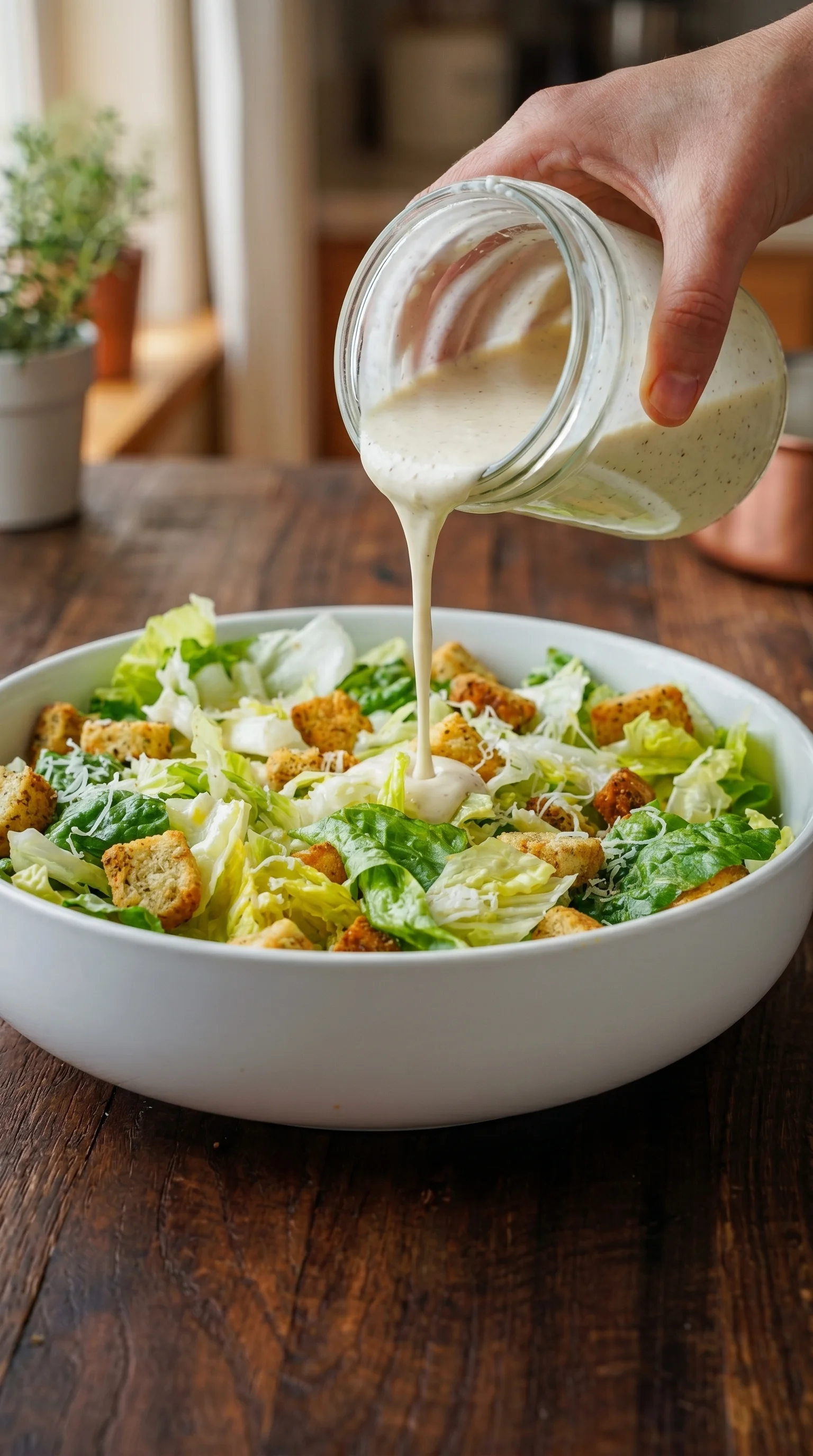 A person pouring homemade Caesar dressing into a bowl of salad.