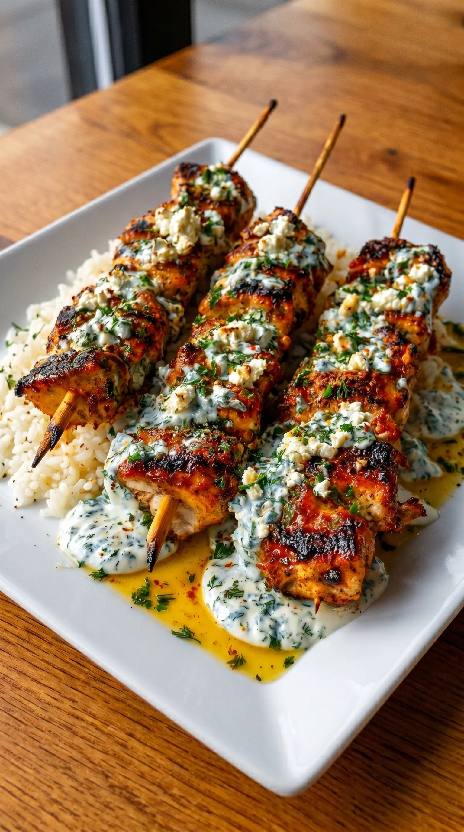 A plate of grilled chicken with feta sauce.