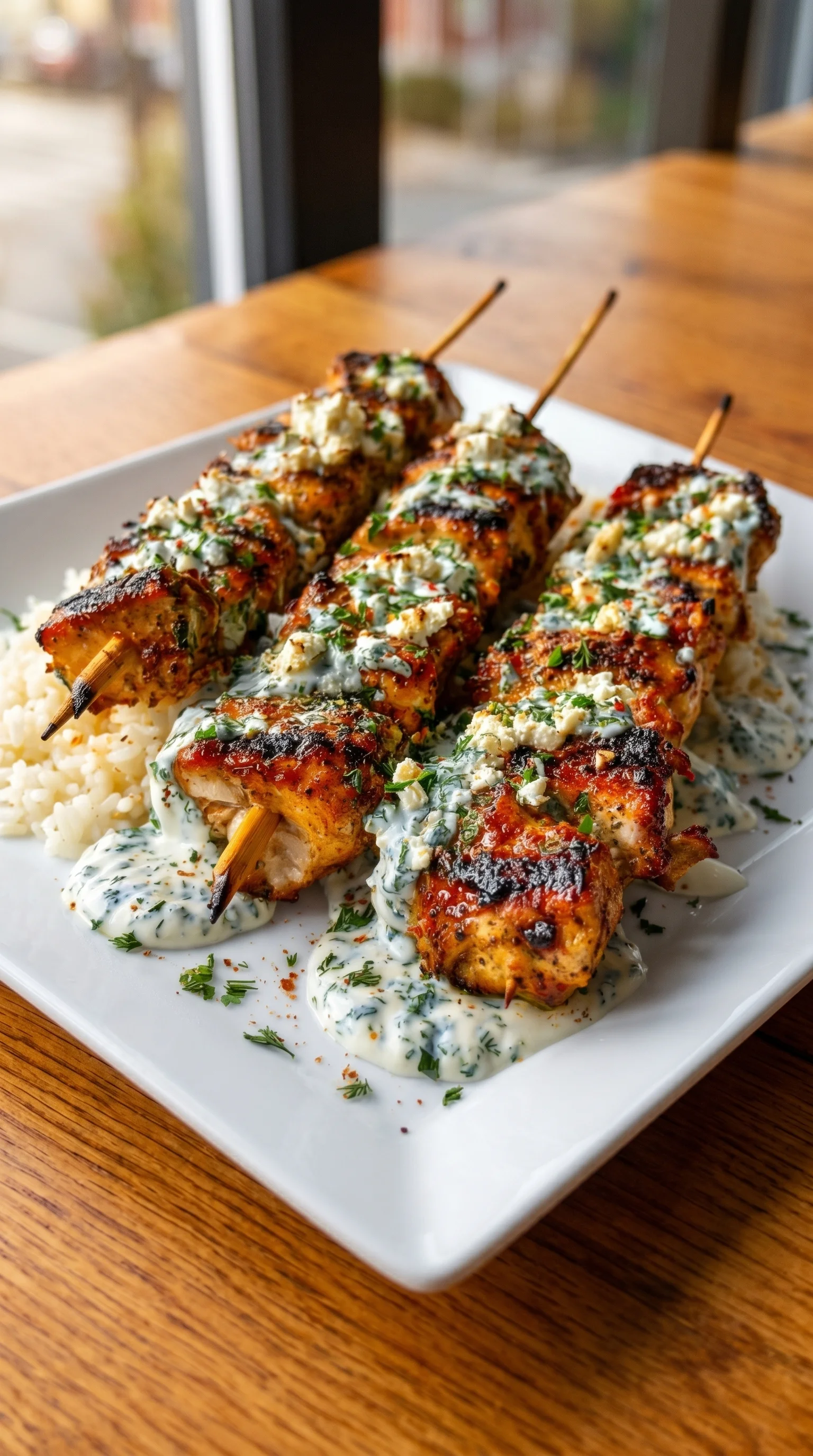 Griechische Zitronenpfeffer-Hähnchenspieße mit Knoblauch-Feta-Sauce.
