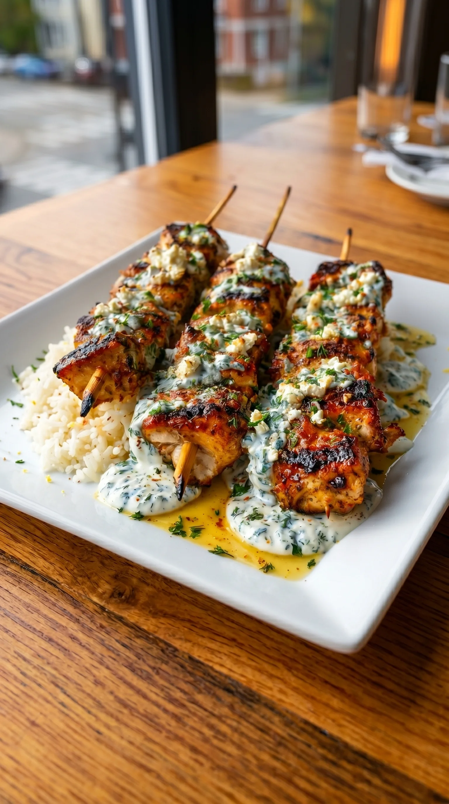 A plate of grilled chicken with a sauce and rice.