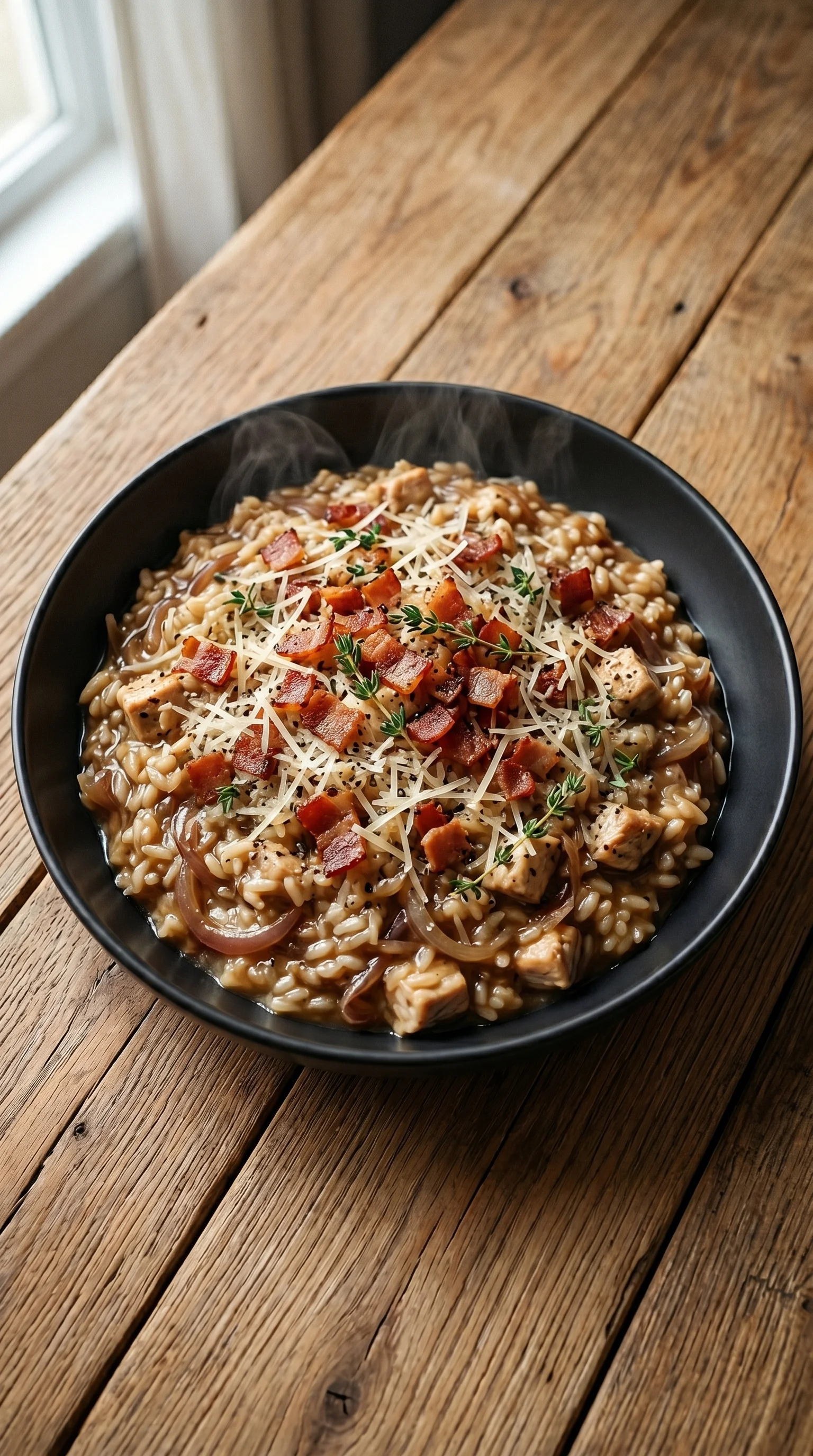 A bowl of food with a French onion and bacon risotto.