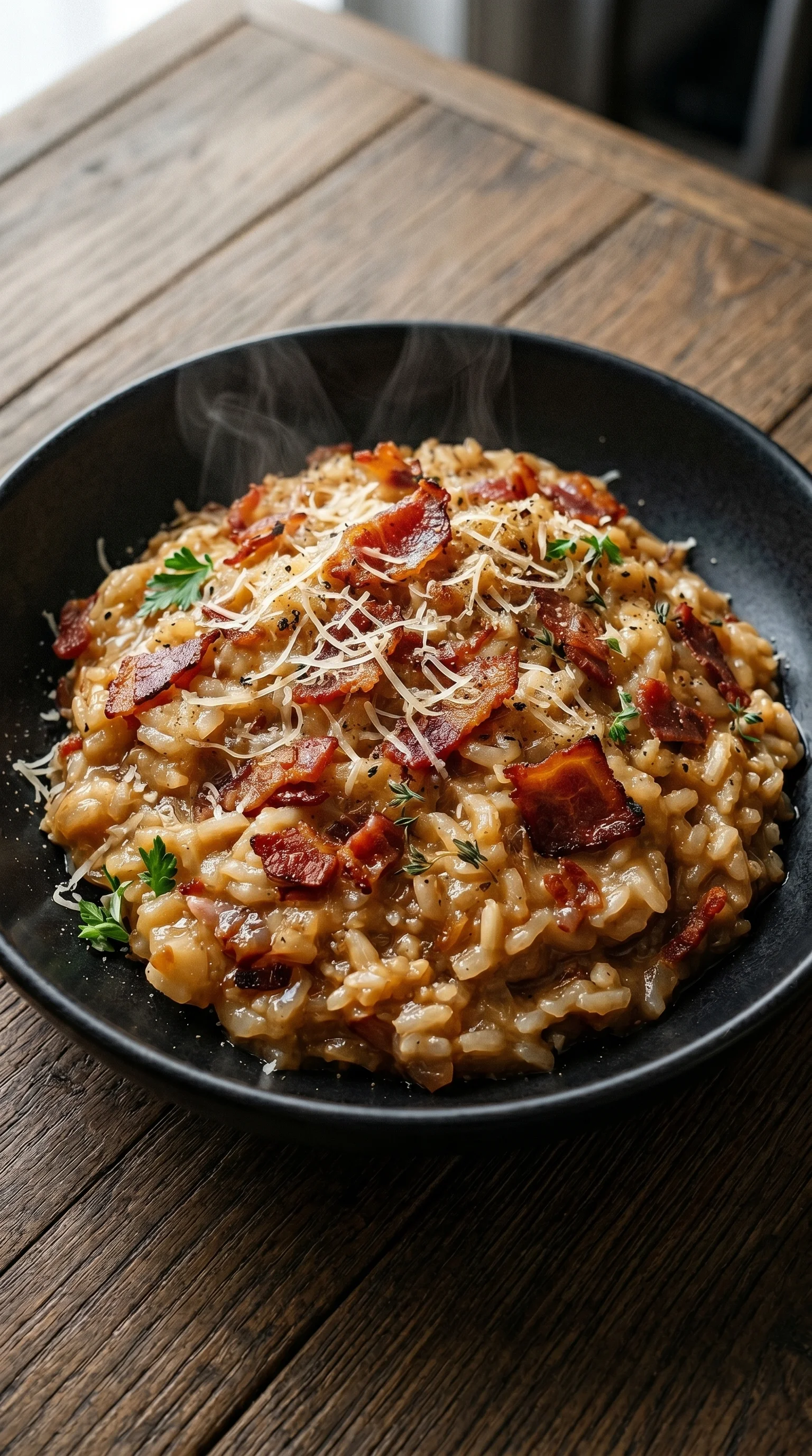 A bowl of rice with bacon and cheese.