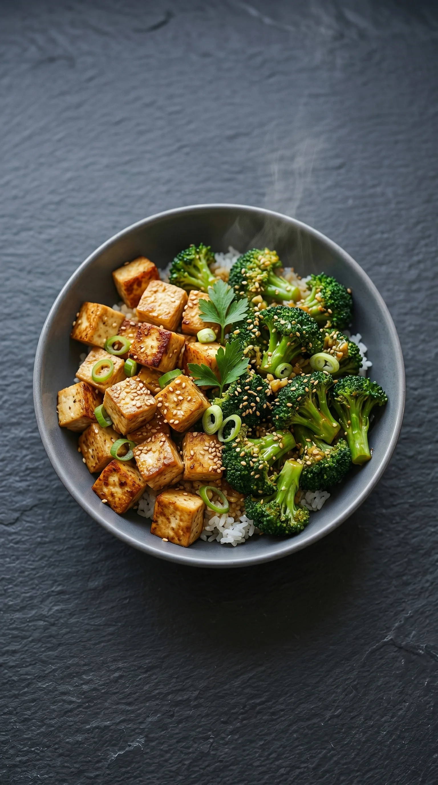 A bowl of tofu, broccoli, and rice.