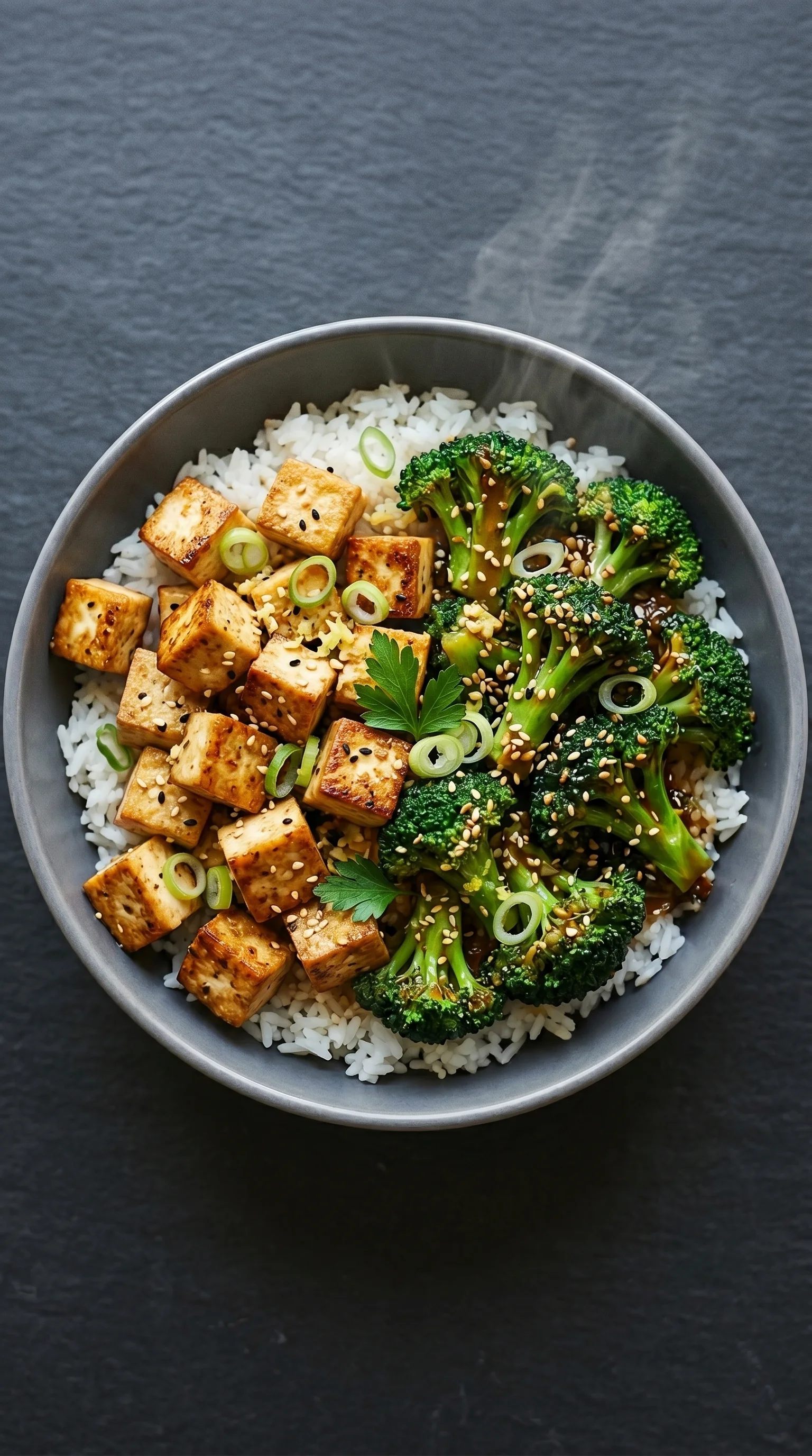 A bowl of tofu, broccoli, and rice.