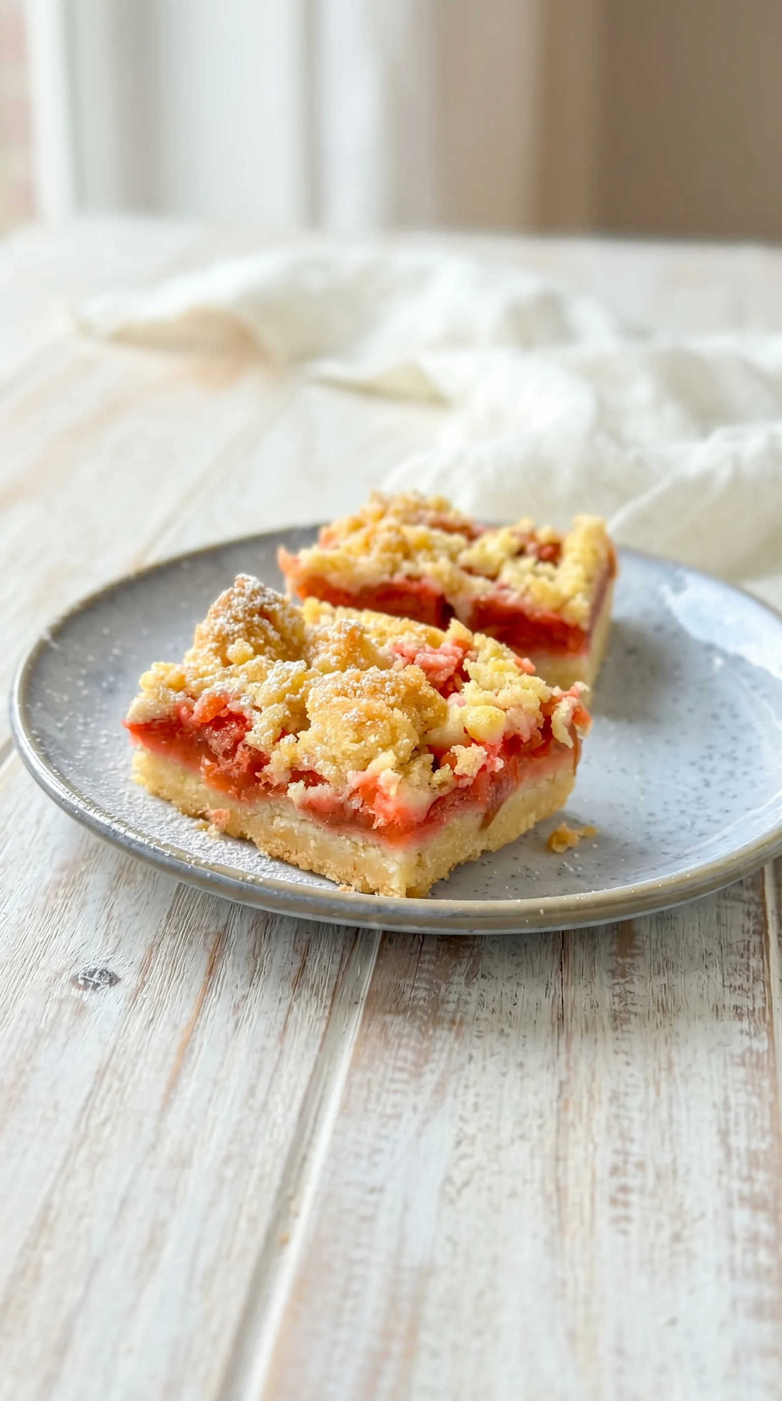 A piece of Rhabarber Streuselkuchen on a plate.