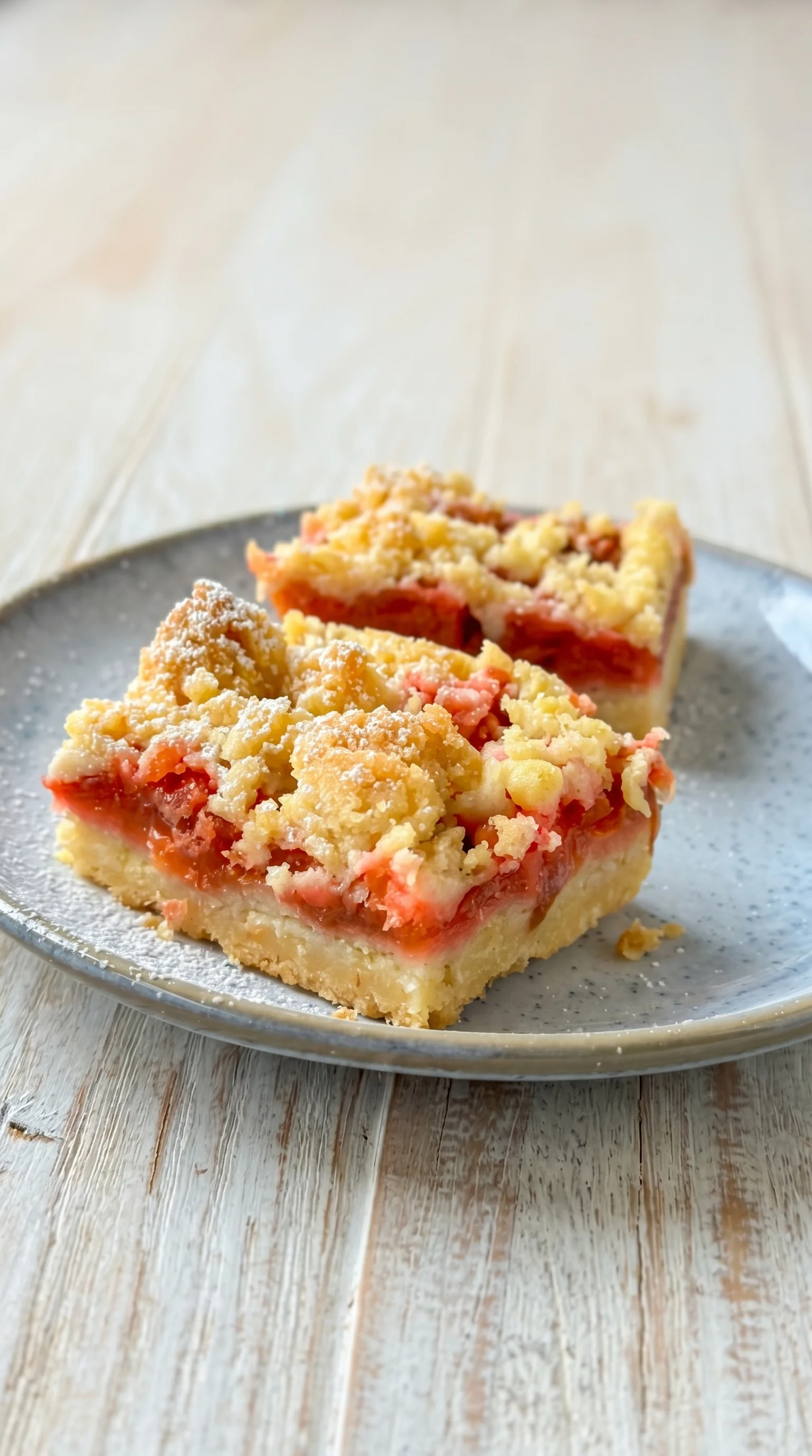 A piece of Rhabarber Streuselkuchen on a plate.