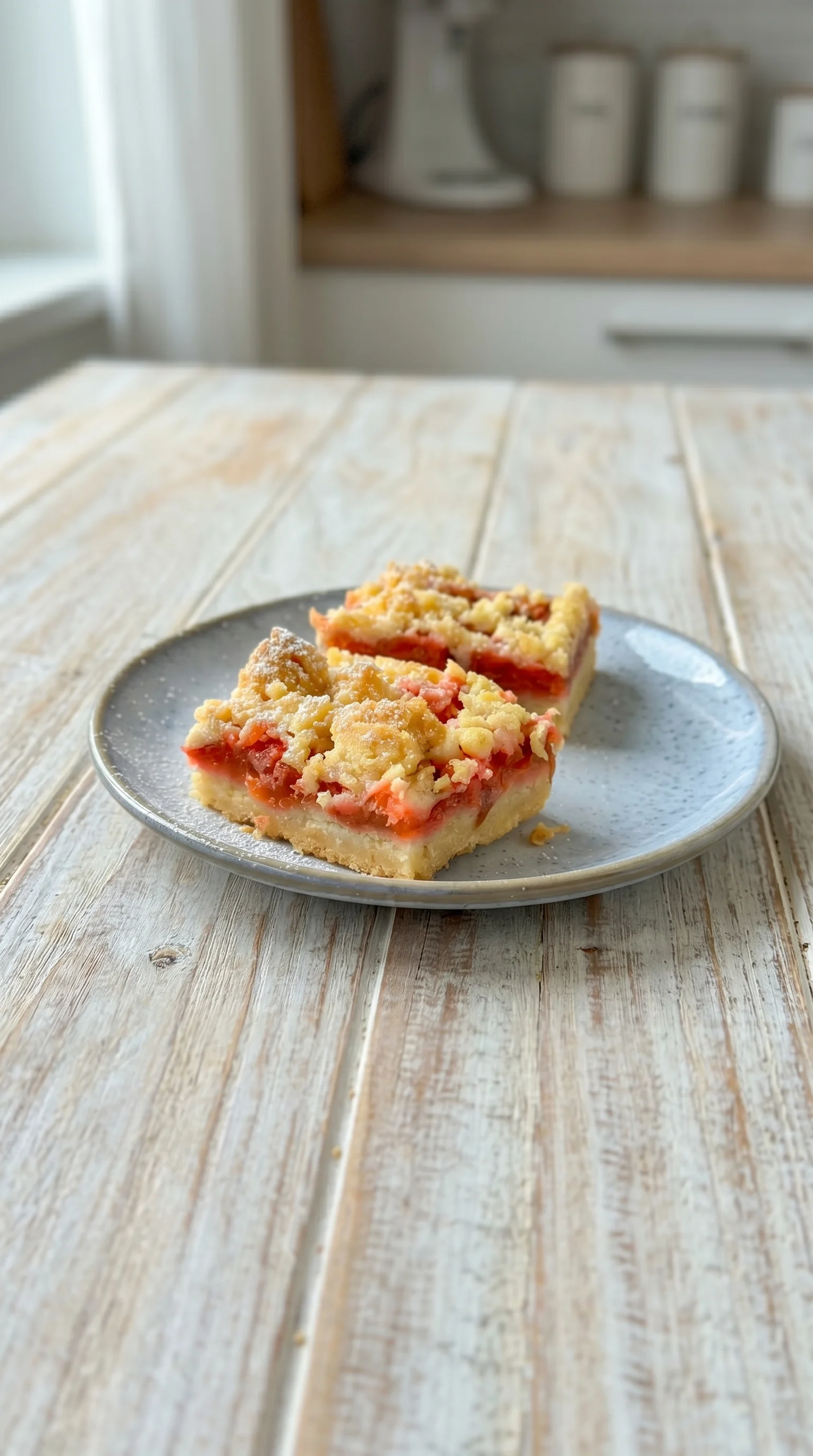 A slice of Rhabarber Streuselkuchen on a plate.