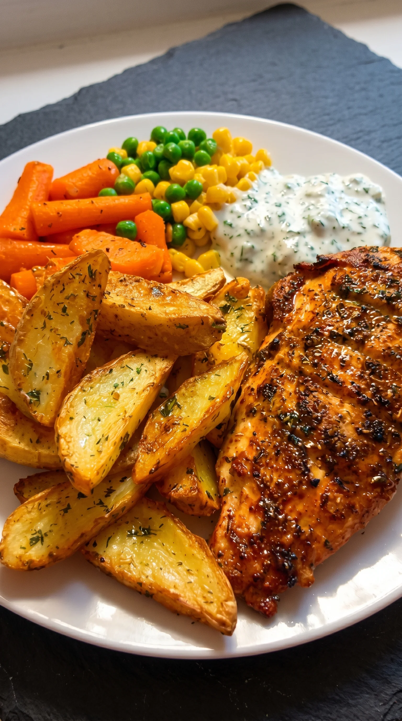 A plate of food with chicken, potatoes, and peas.