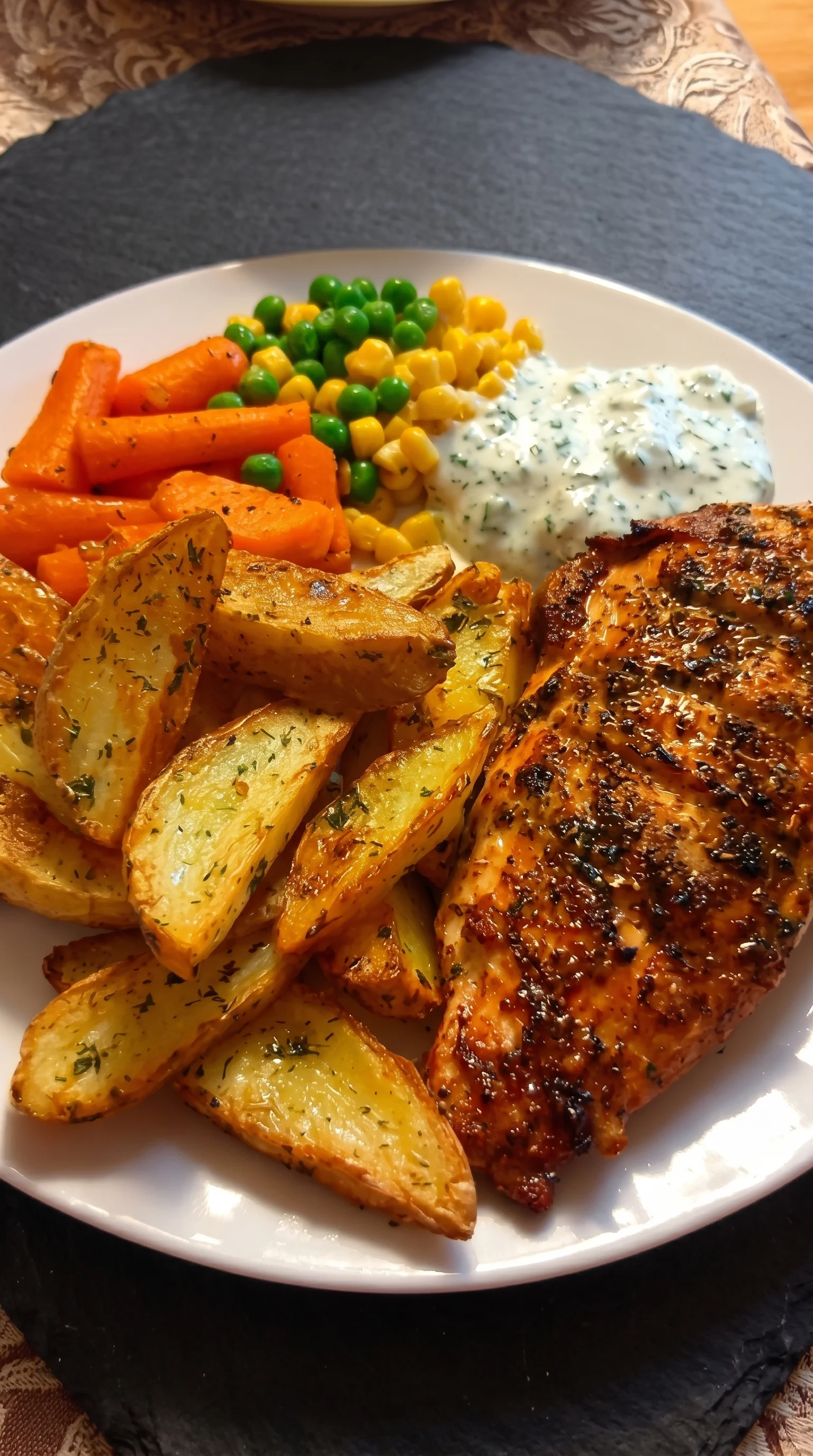 A plate of food with chicken, potatoes, and vegetables.