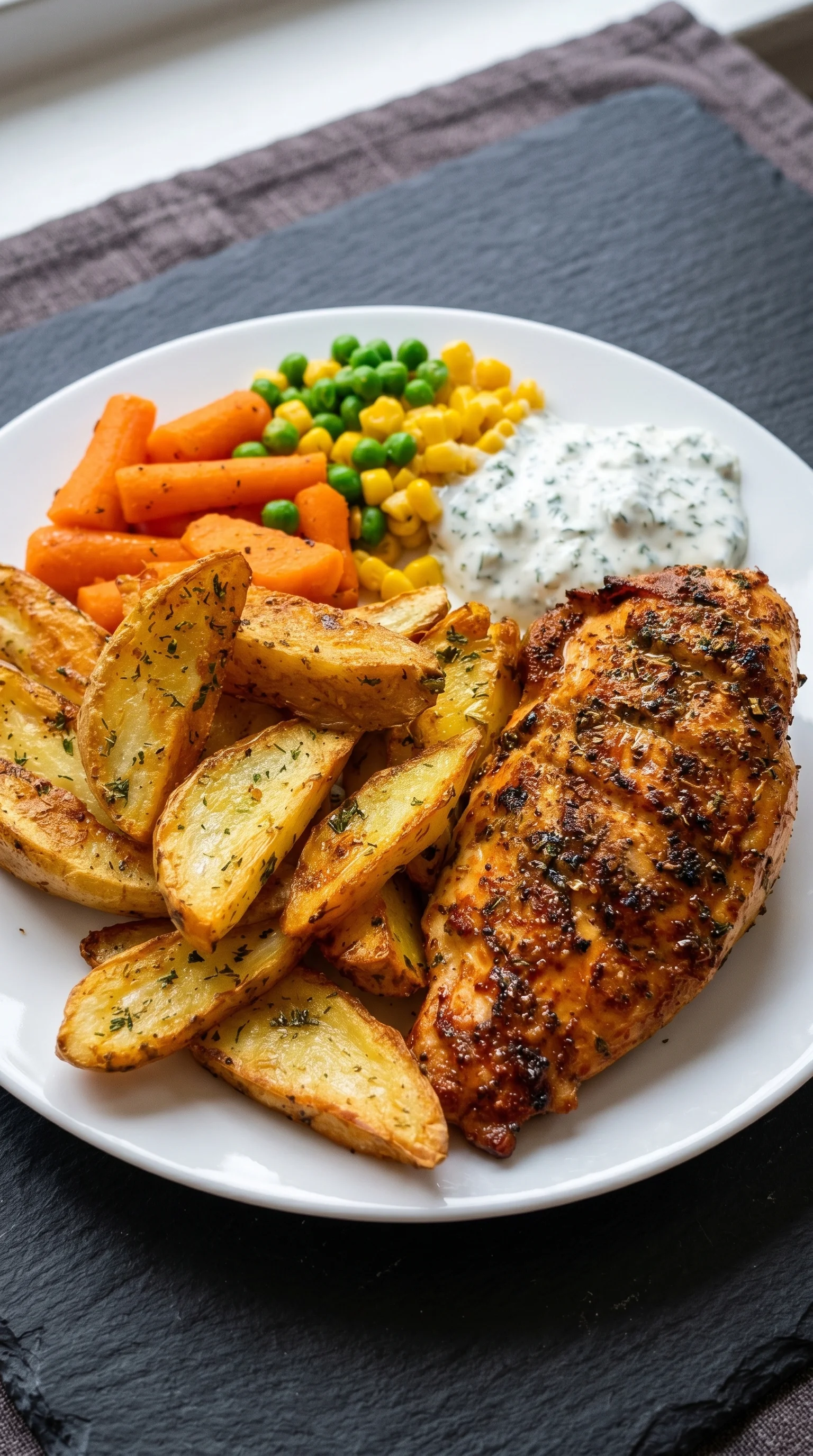A plate of food with chicken, potatoes, and peas.