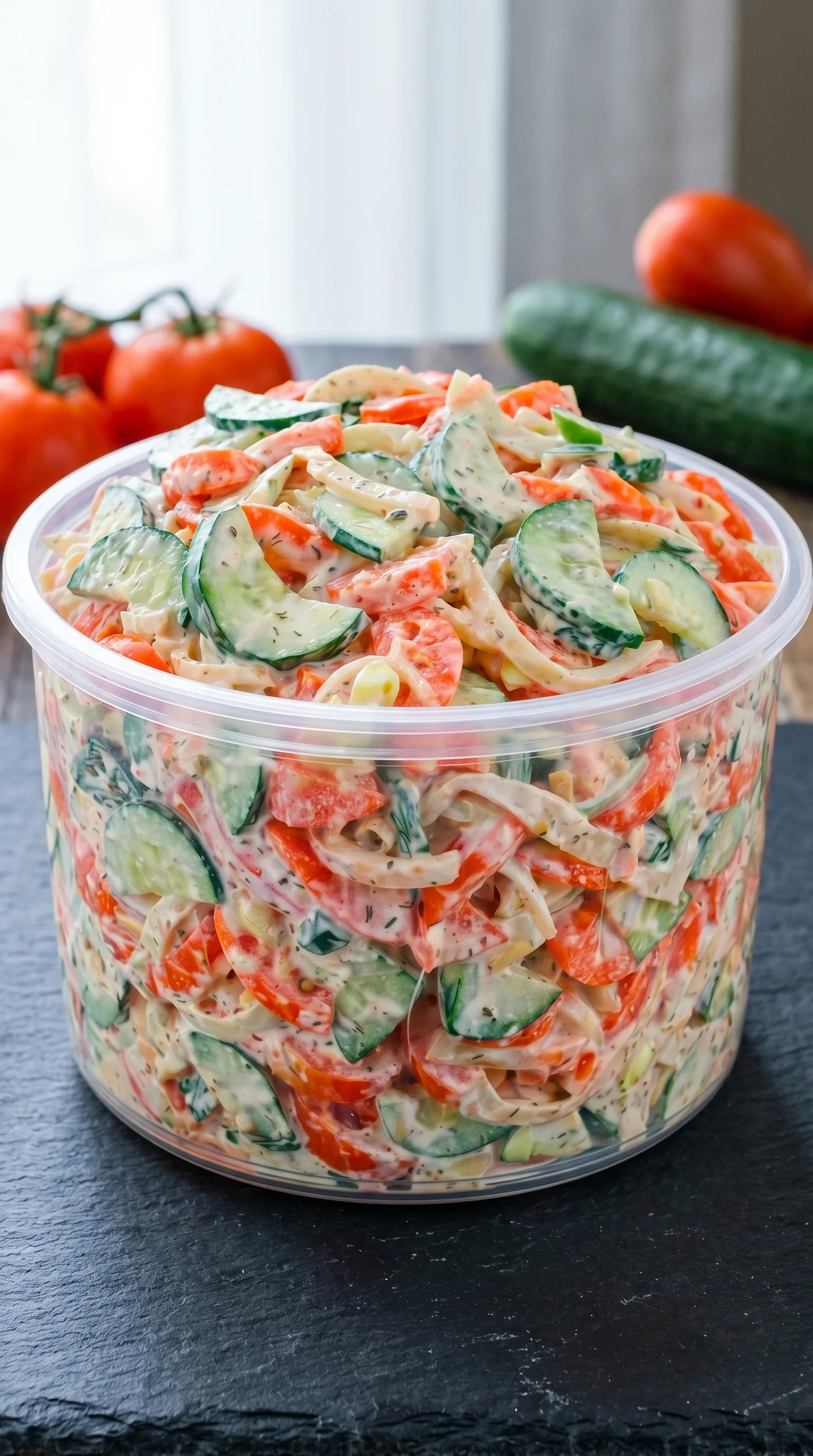 A bowl of cream gurken tomaten salat.