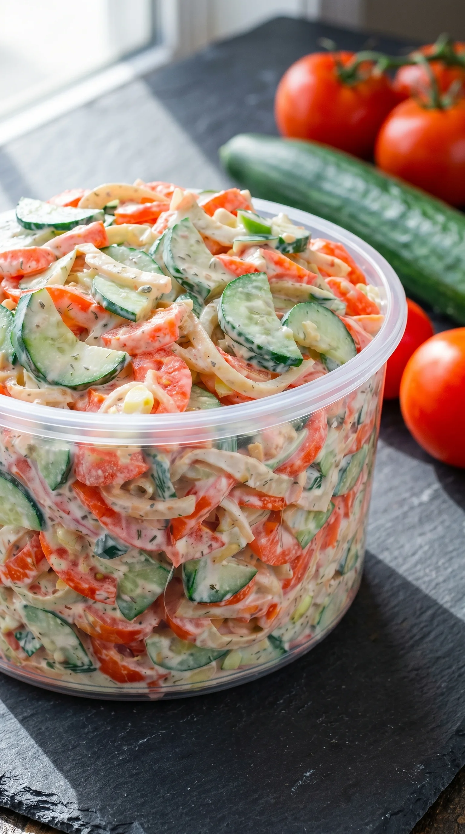 A bowl of cream gurken tomaten salat.