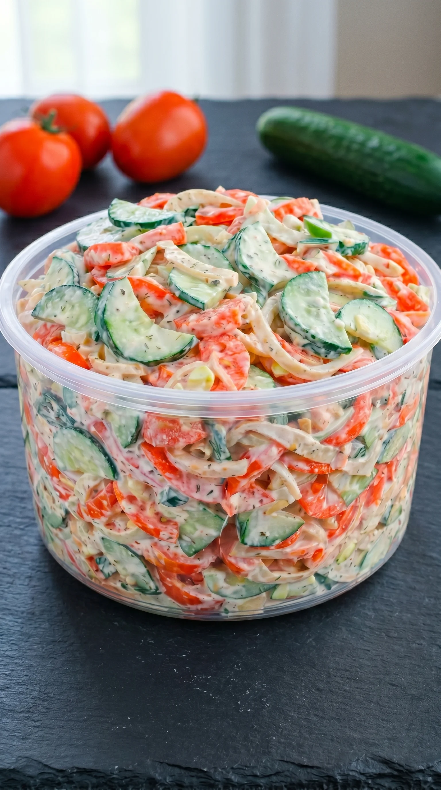 A bowl of cream gurken tomaten salat.
