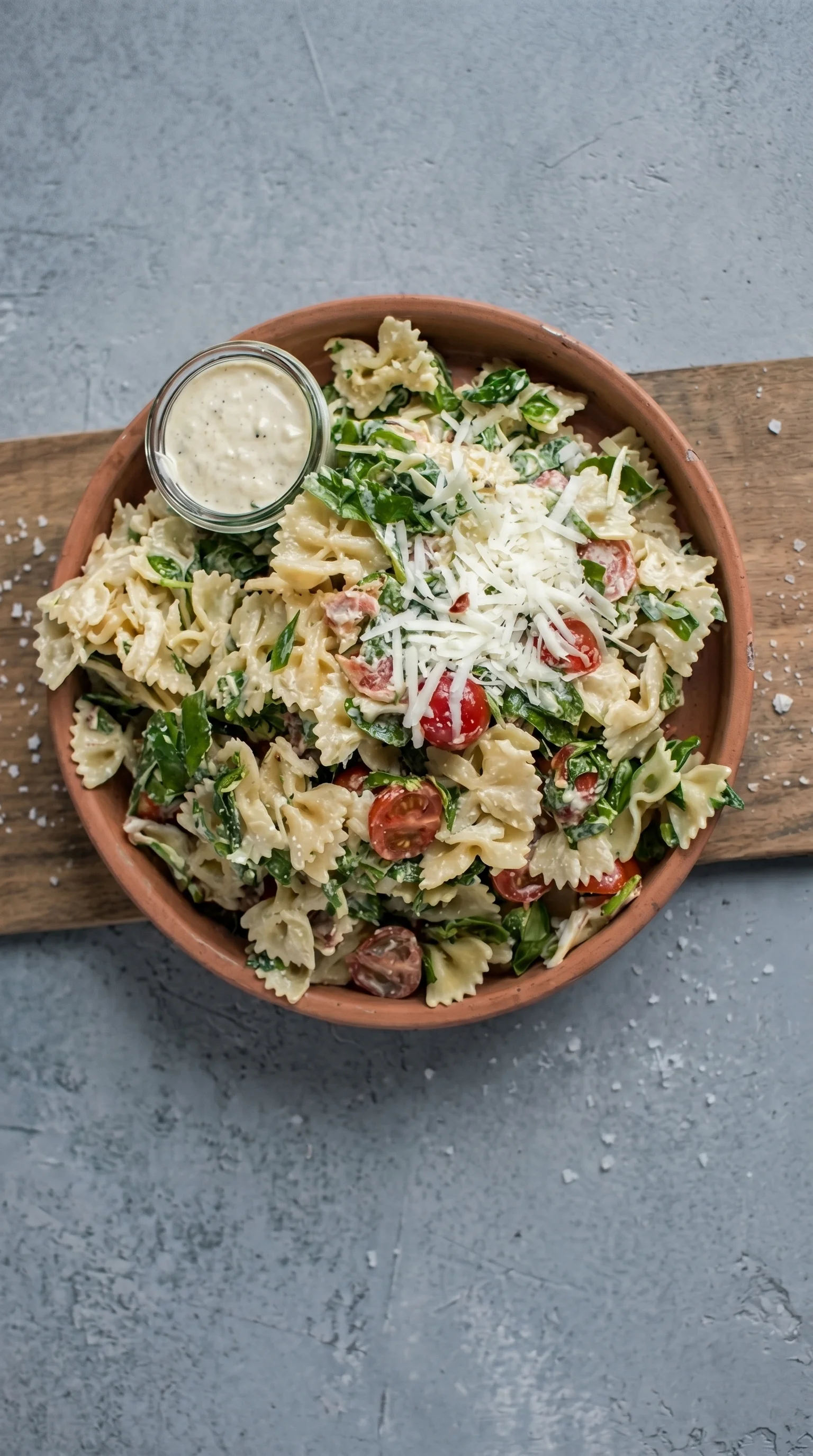 A bowl of pasta salad with tomatoes and cheese.
