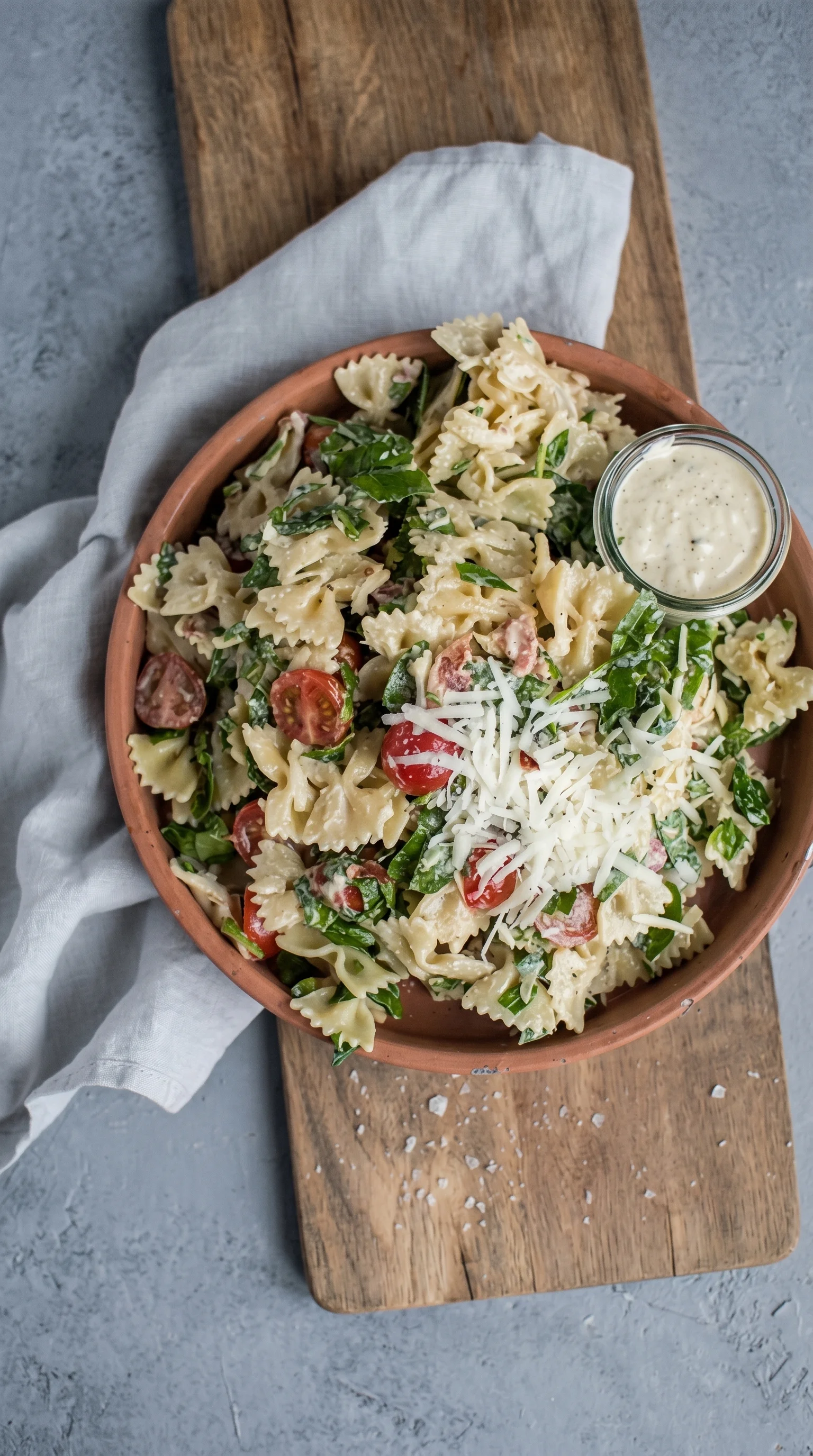 A bowl of pasta salad with tomatoes and cheese.