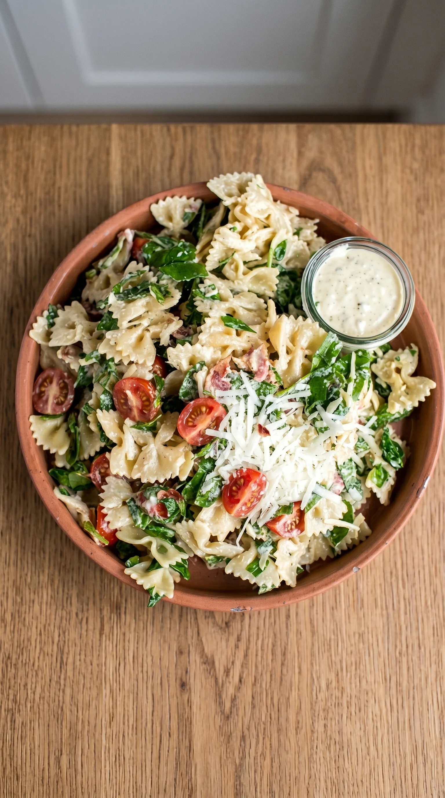 A bowl of pasta salad with tomatoes and cheese.