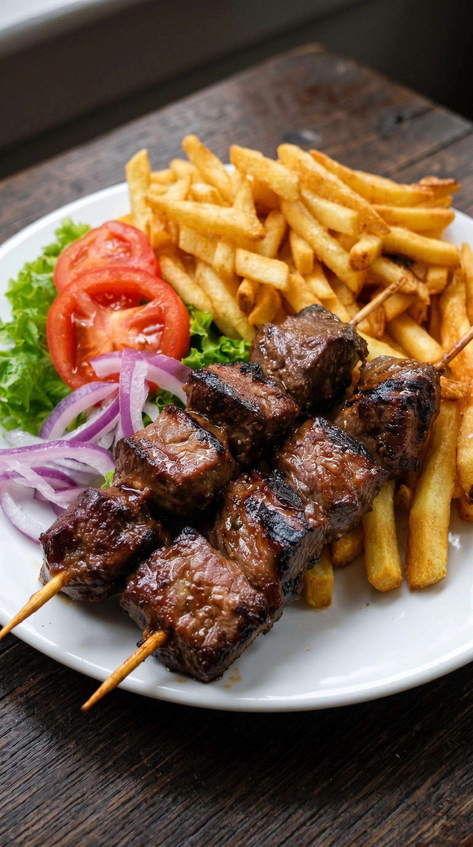 A plate of meat and fries.