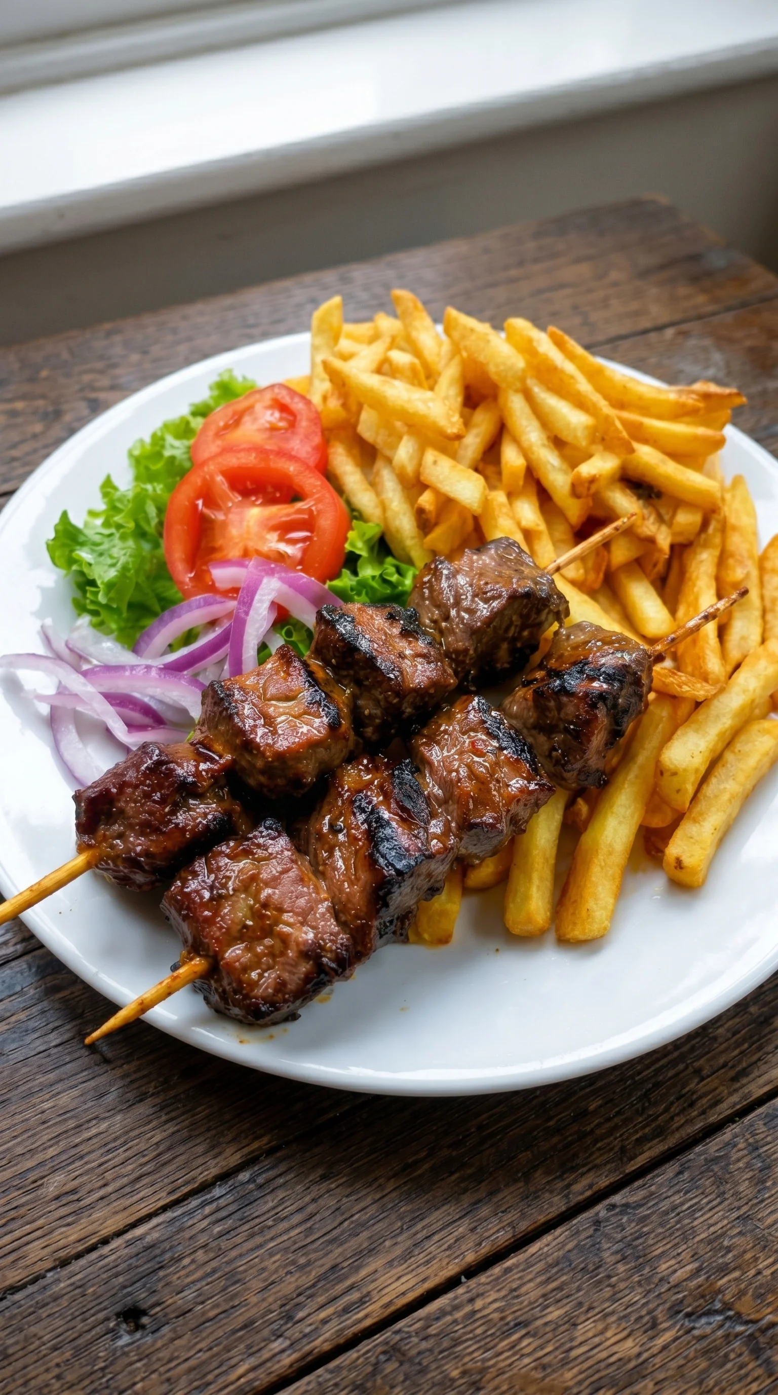 A plate of meat and fries.
