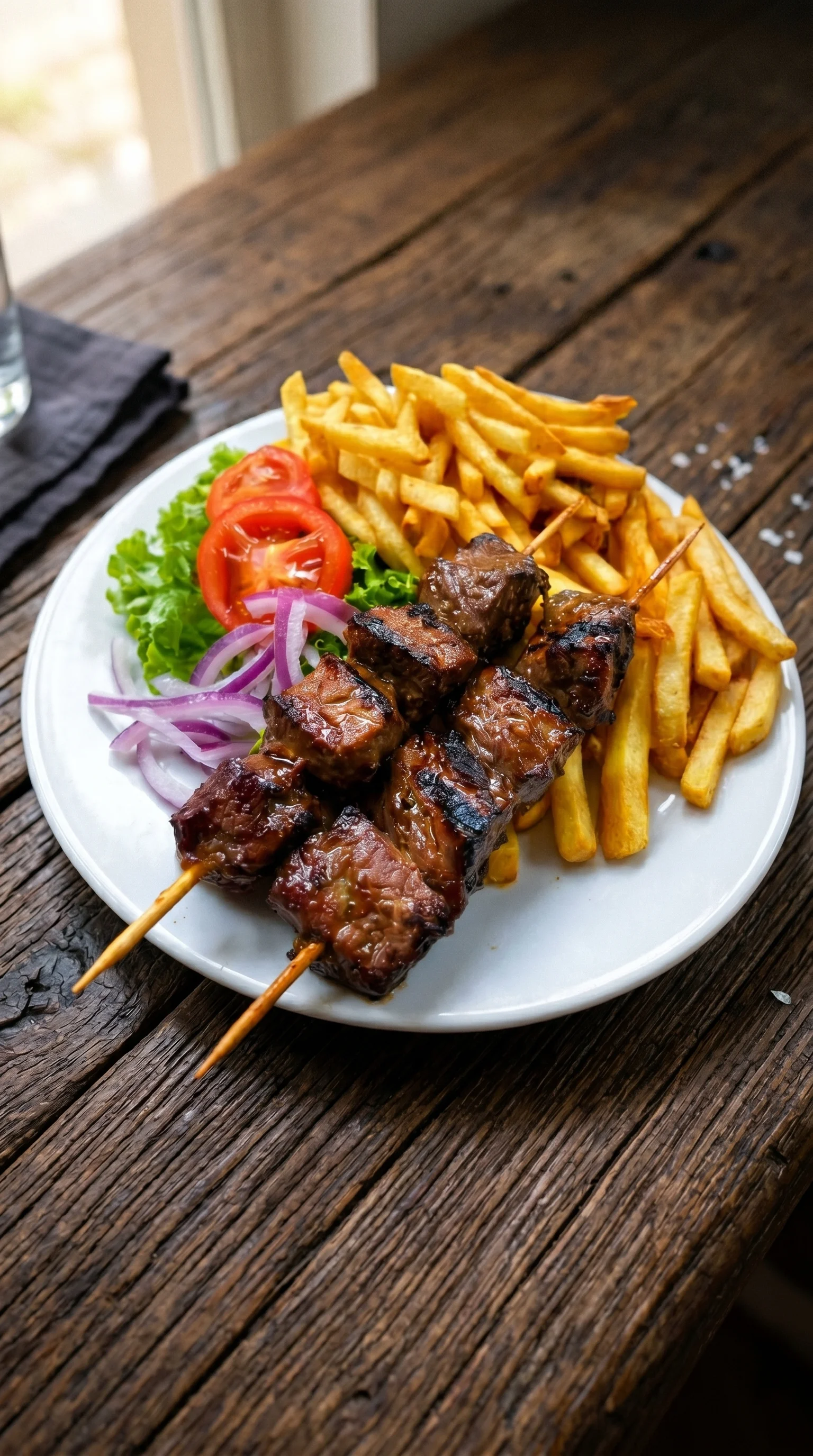 A plate of meat and fries.