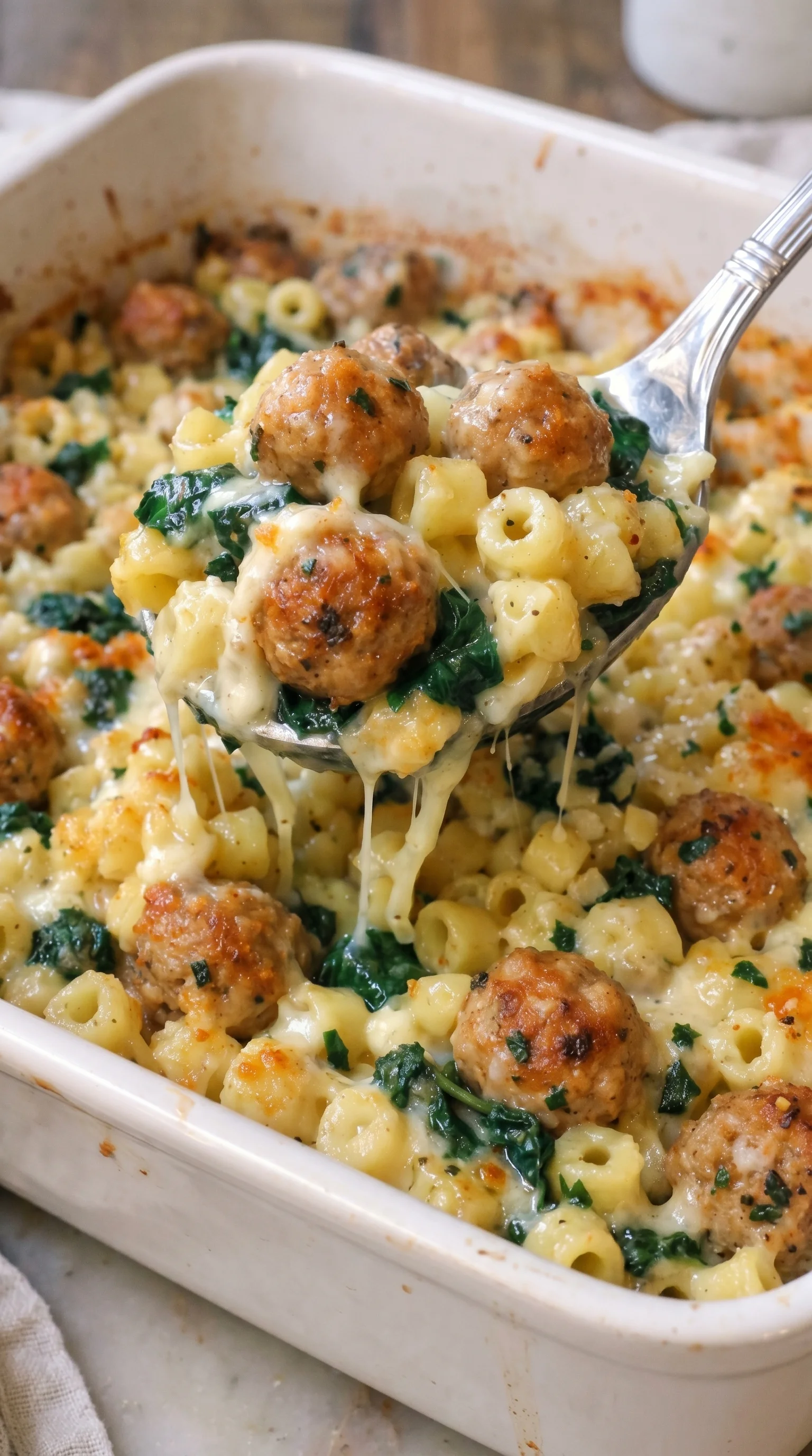 A spoonful of pasta with meatballs and cheese.