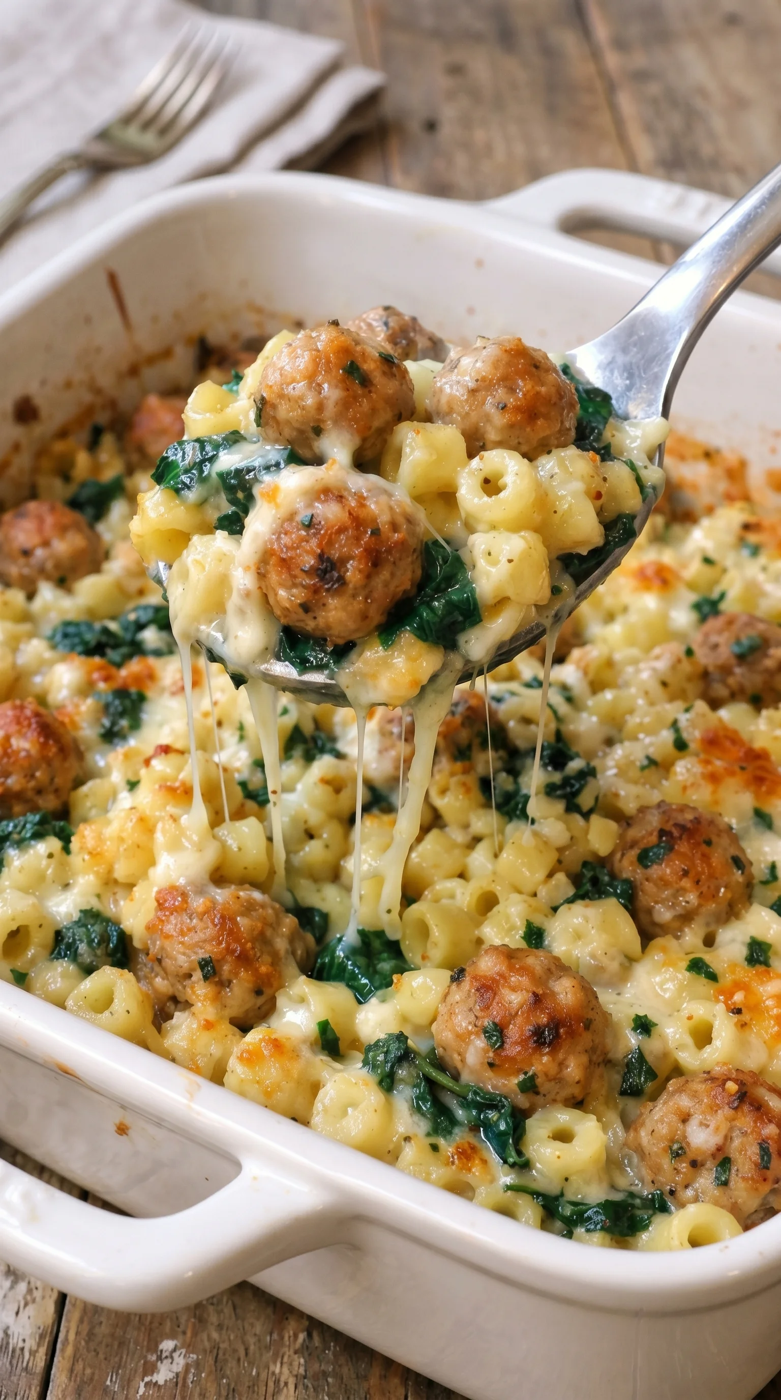 A spoon is in a bowl of pasta and meat.