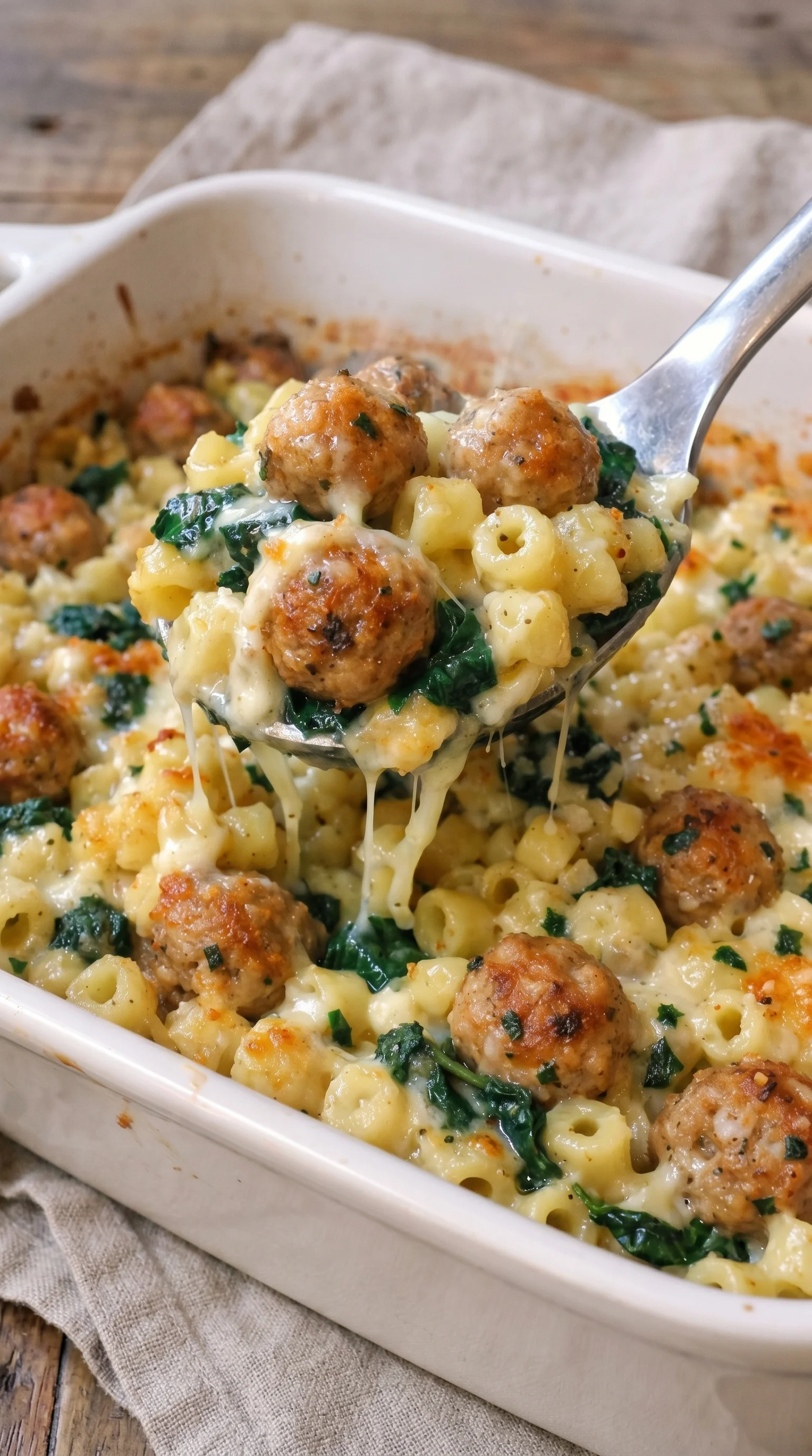A spoon is in a bowl of pasta and meat.