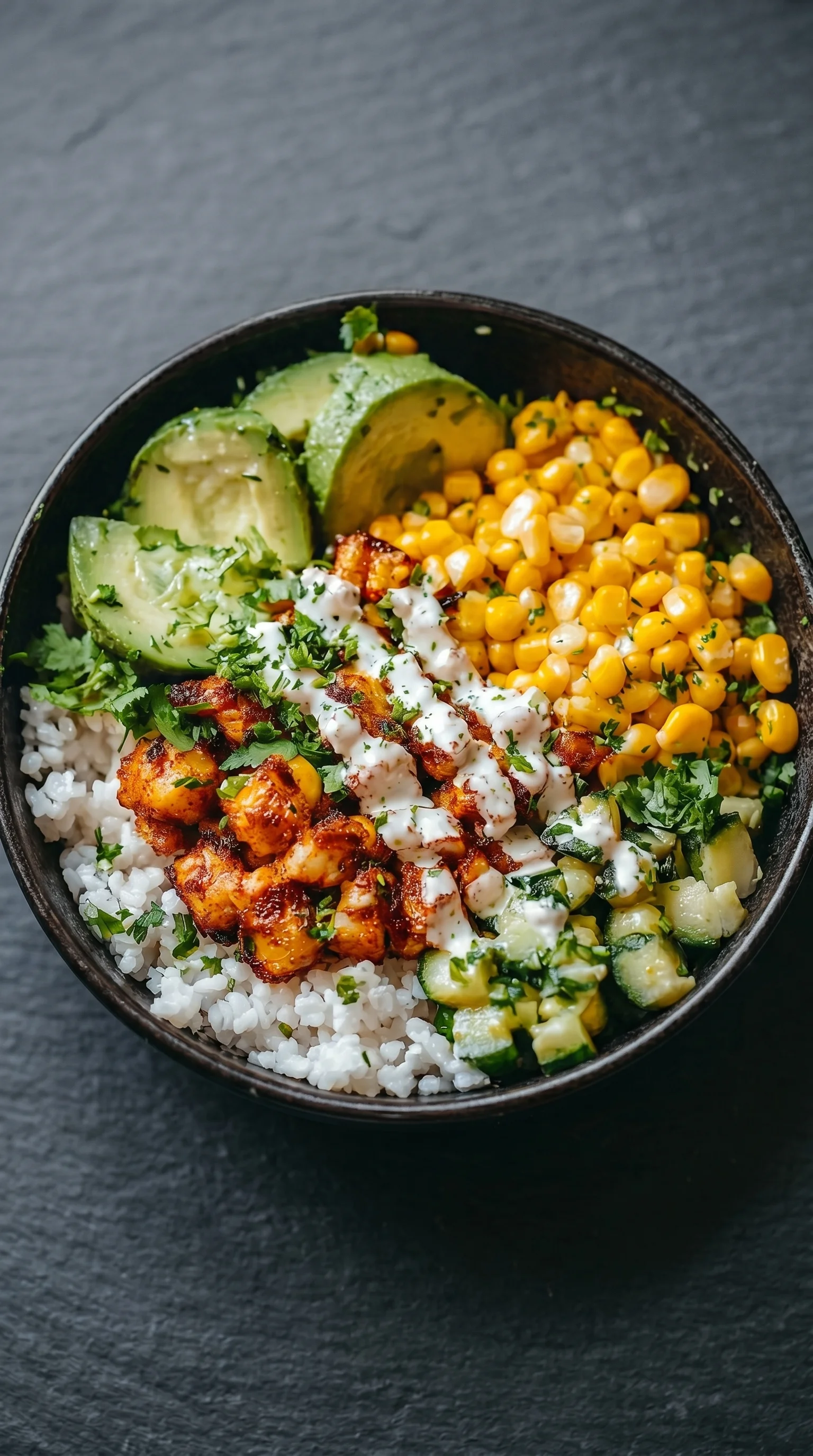 A bowl of food with chicken, corn, and avocado.