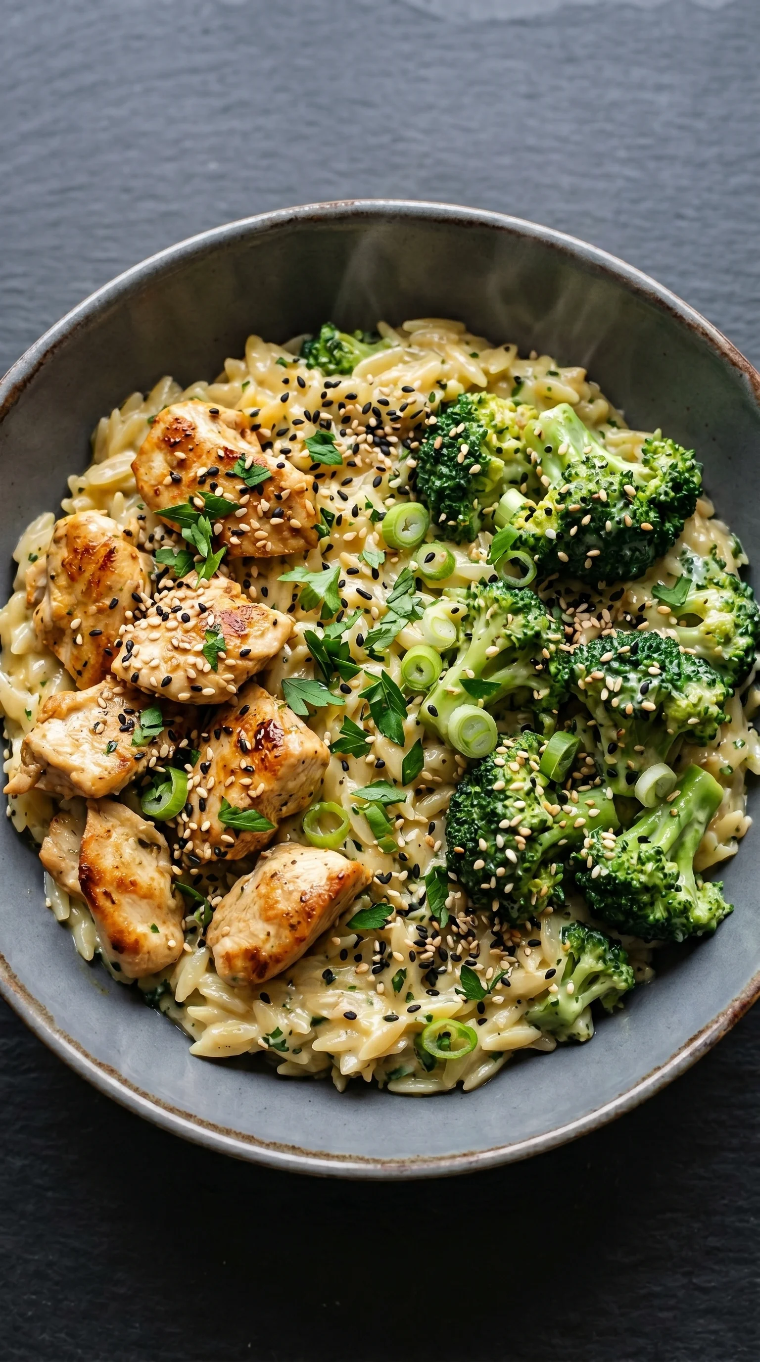 A bowl of creamy chicken, broccoli and orzo.
