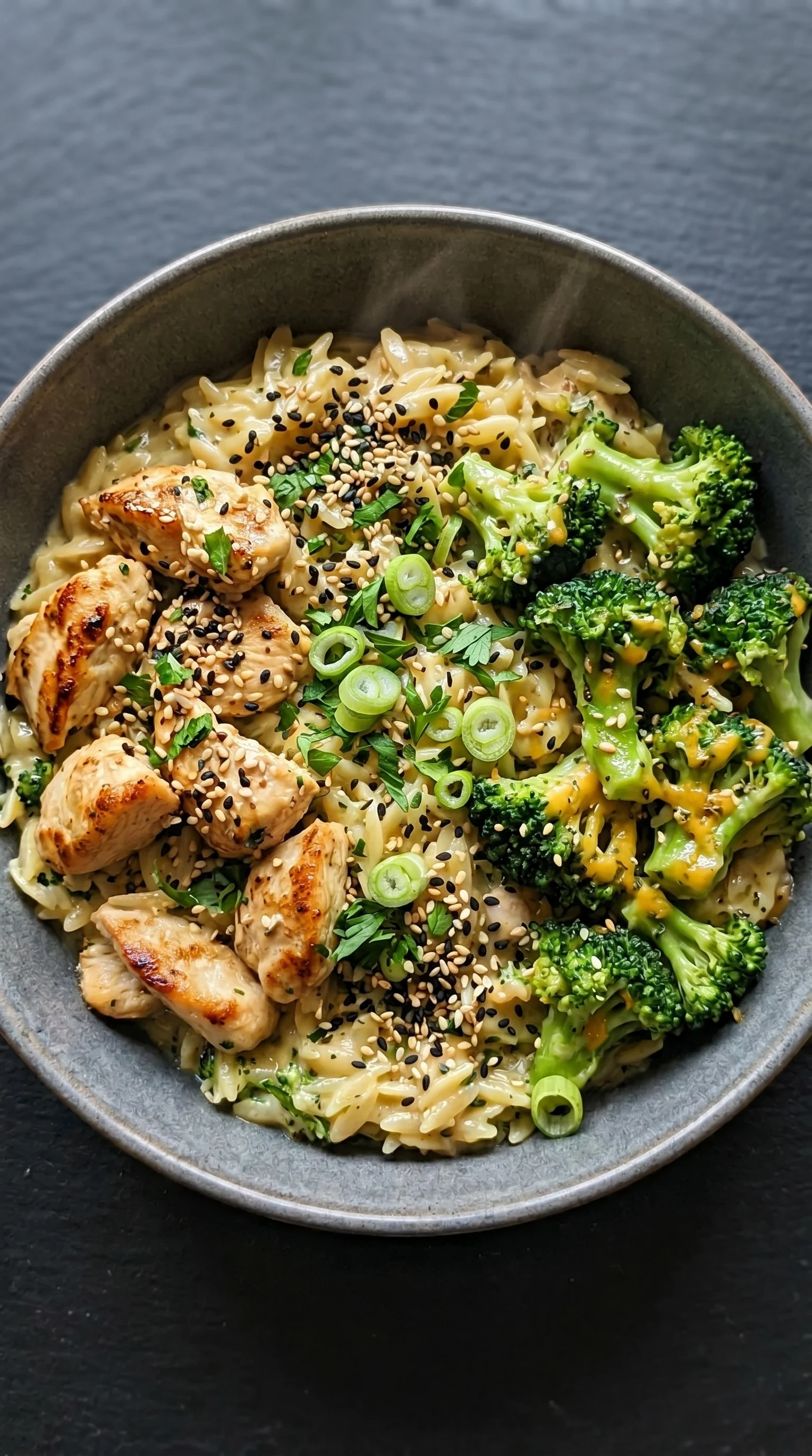 A bowl of creamy chicken, broccoli and orzo.