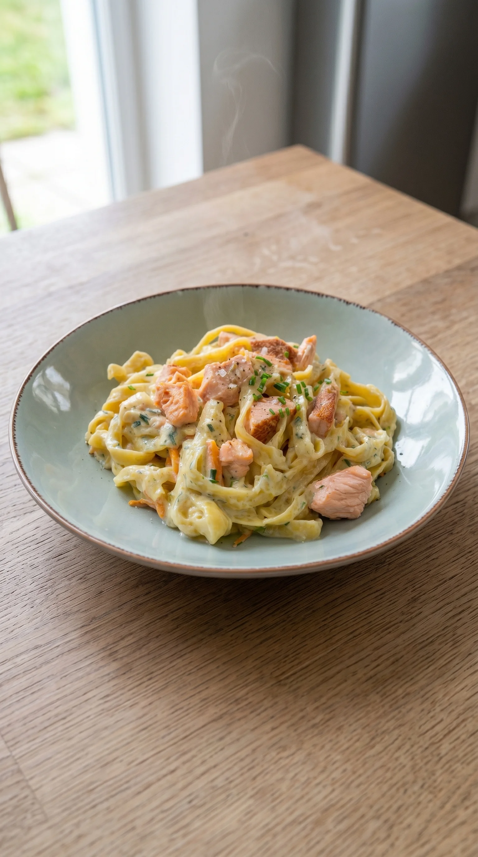 A bowl of pasta with salmon and cream sauce.