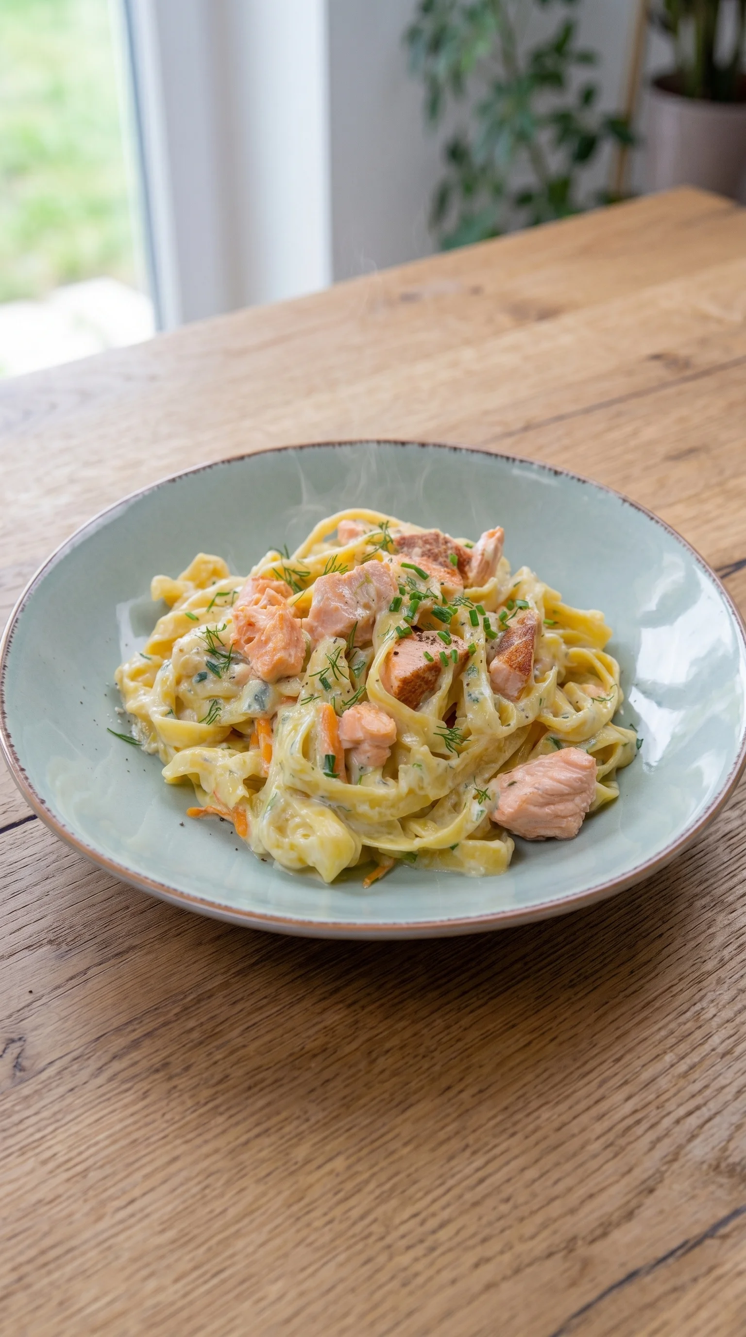 A plate of pasta with salmon and cream sauce.