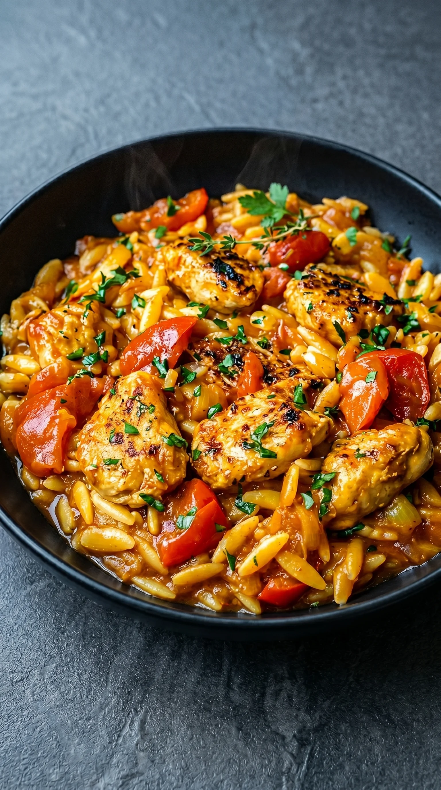 A bowl of food with chicken and tomatoes.