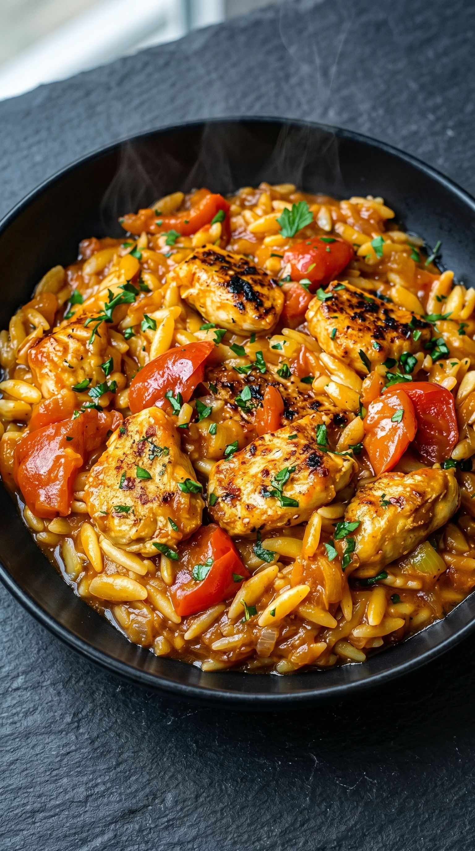 A bowl of food with chicken and tomatoes.
