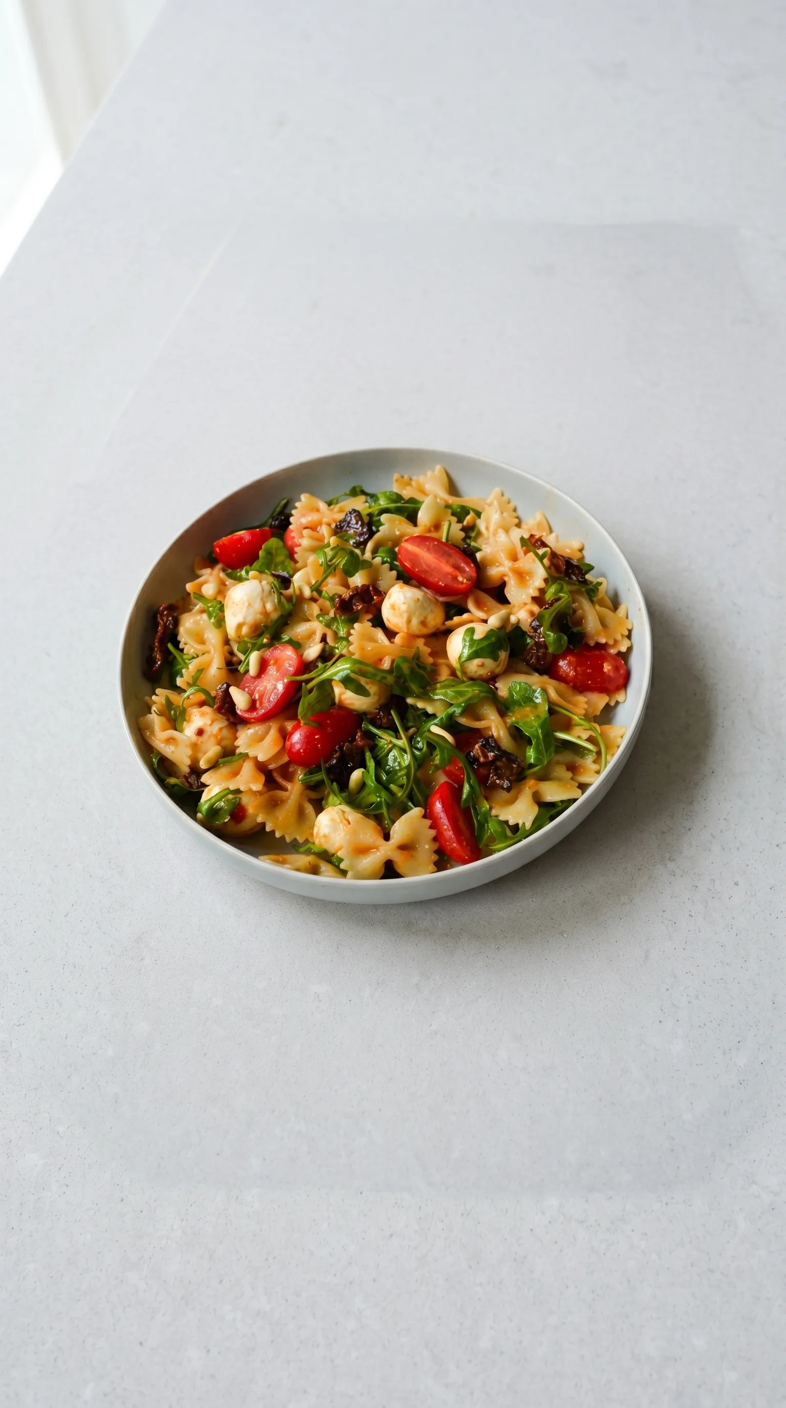 A bowl of pasta salad with tomatoes and spinach.
