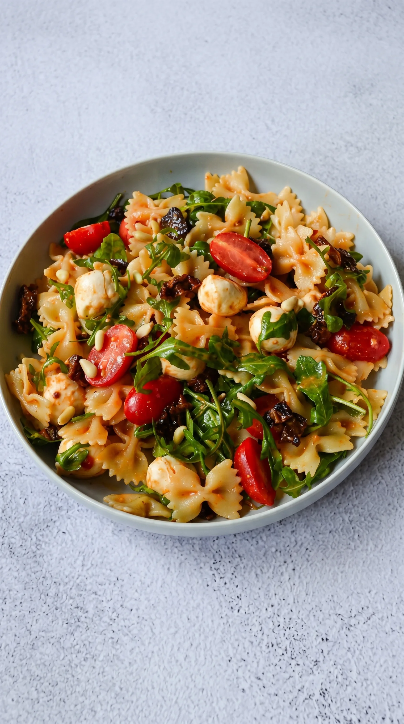 A bowl of pasta salad with tomatoes and spinach.