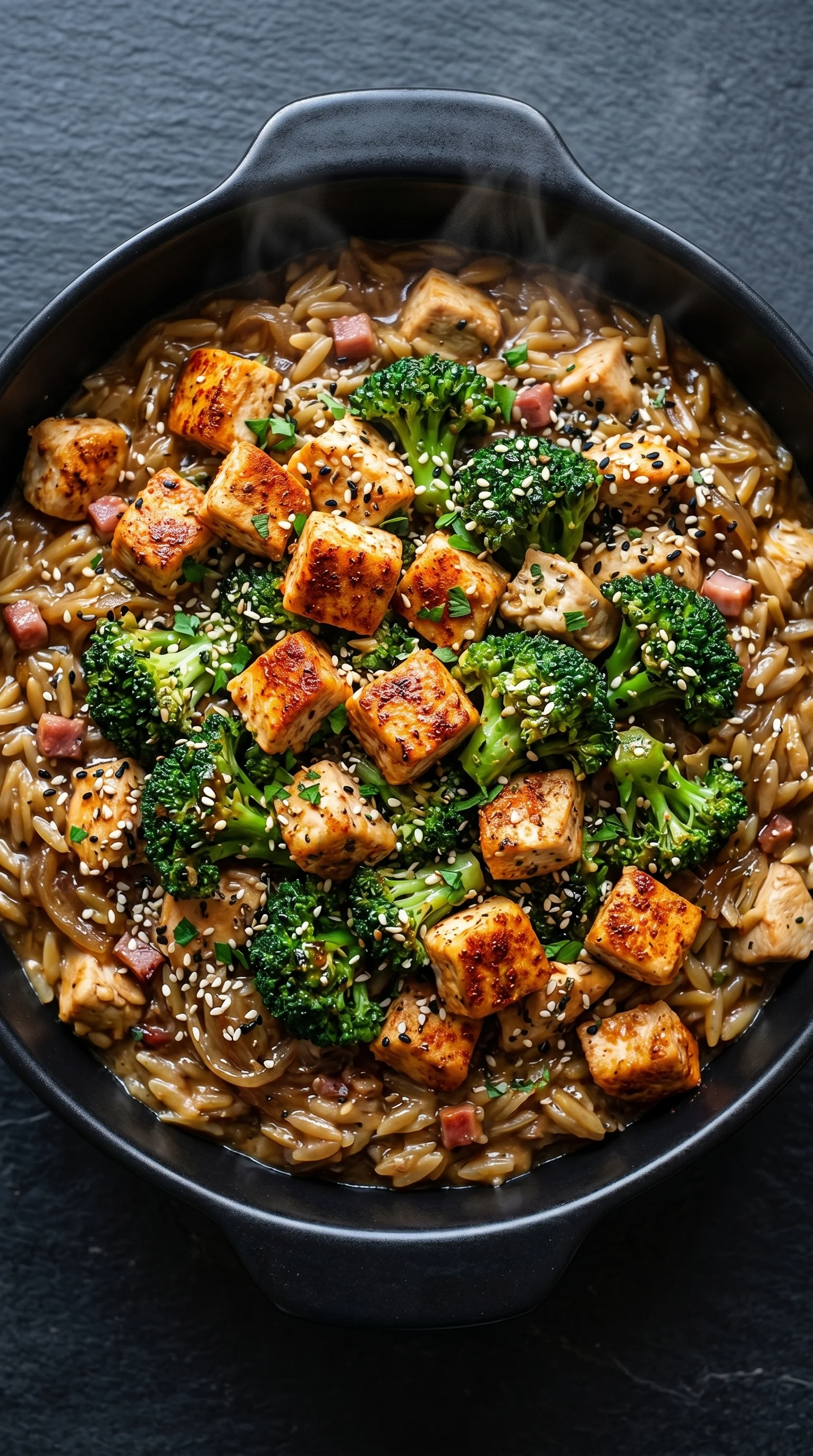 A bowl of food with broccoli and meat.