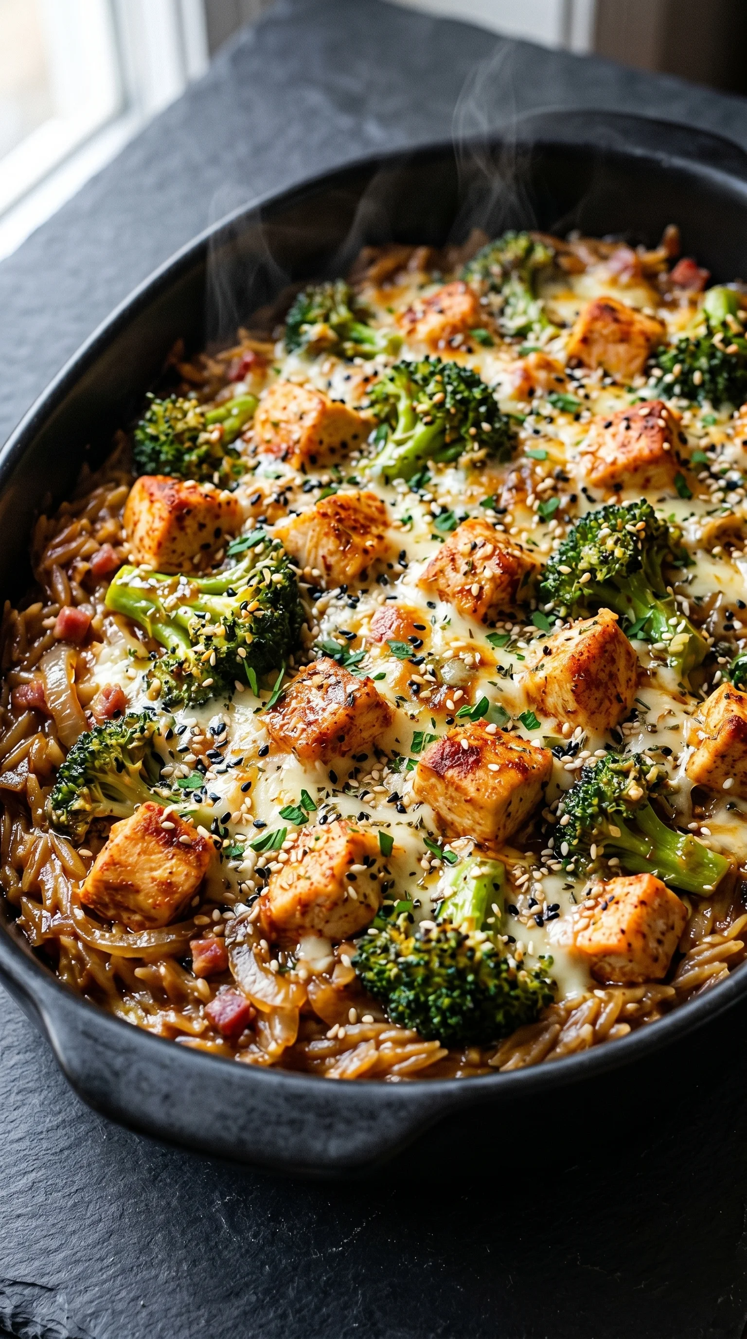 A dish of broccoli and meat with cheese and mozzarella.