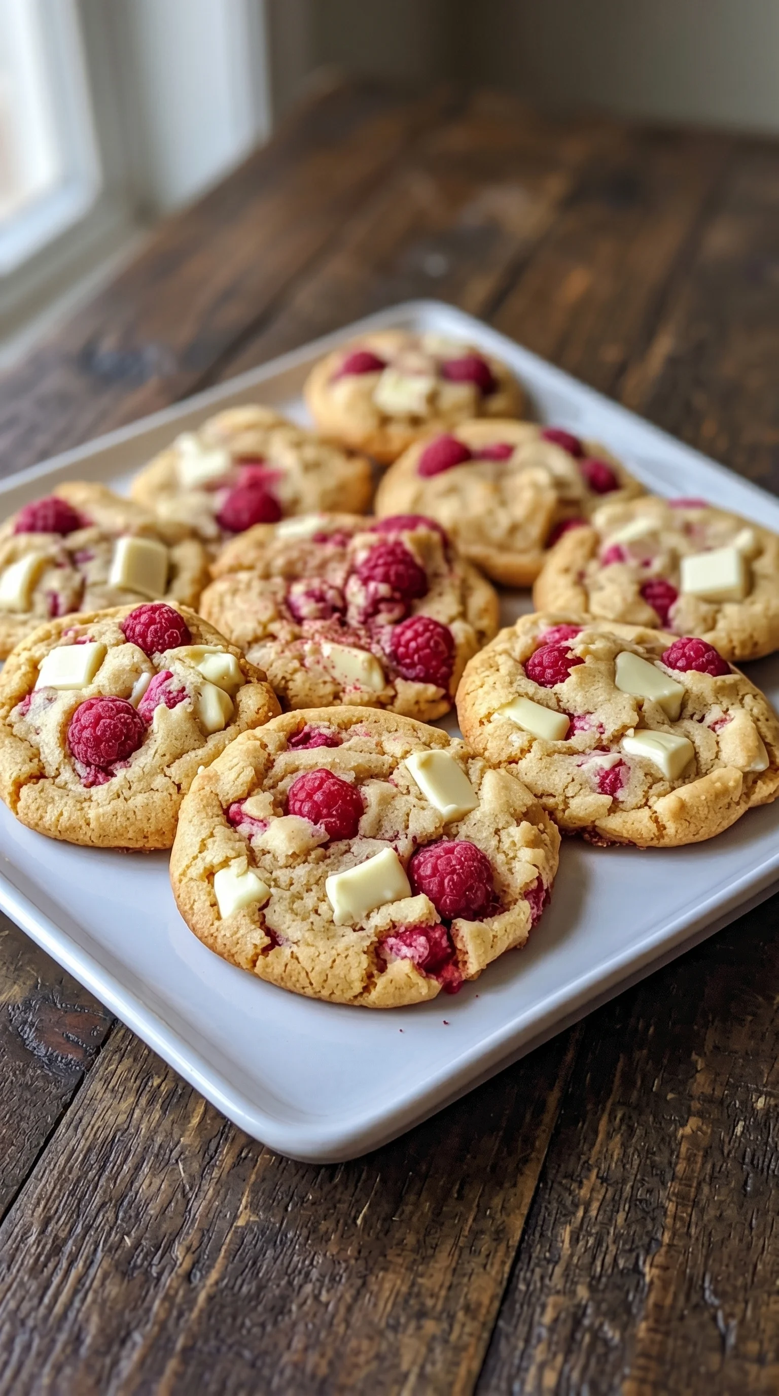 A plate of cookies with white chocolate and raspberries.
