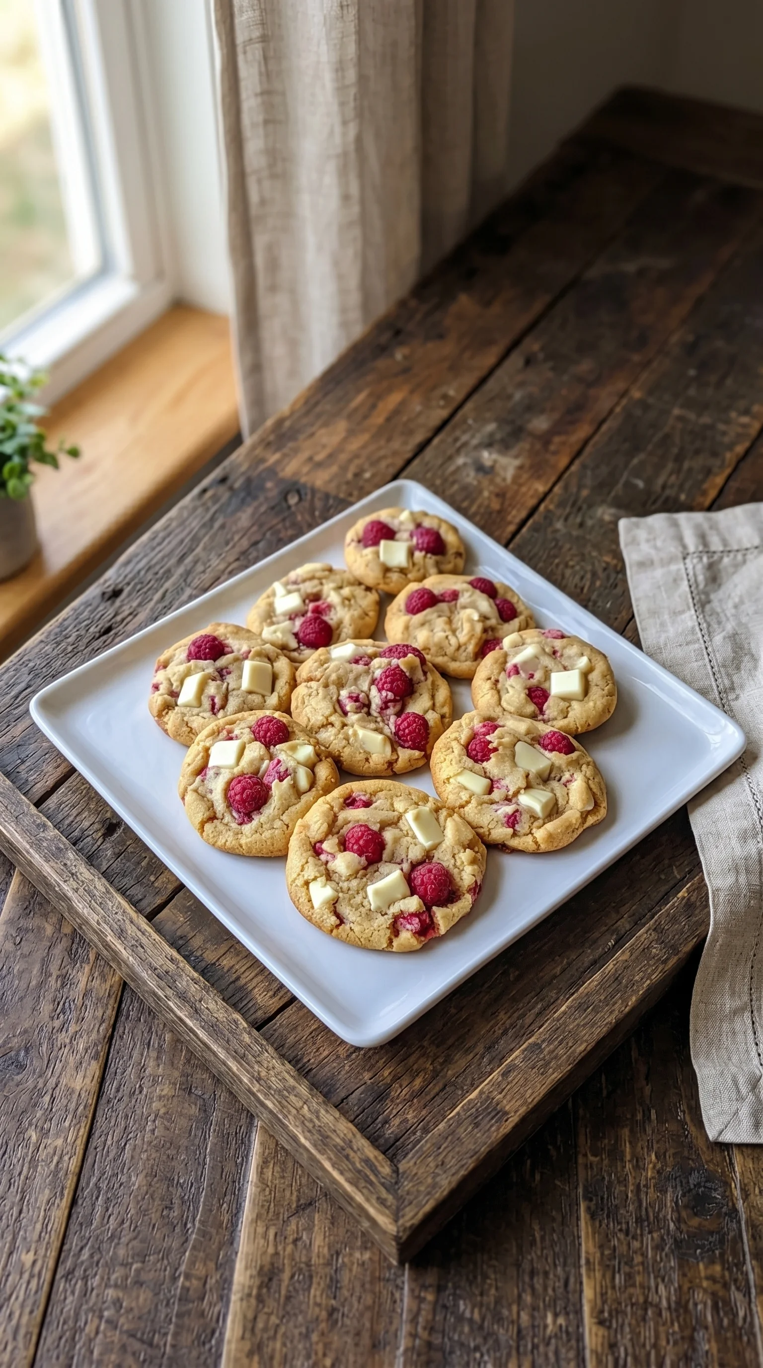 A plate of cookies with white chocolate and raspberries.