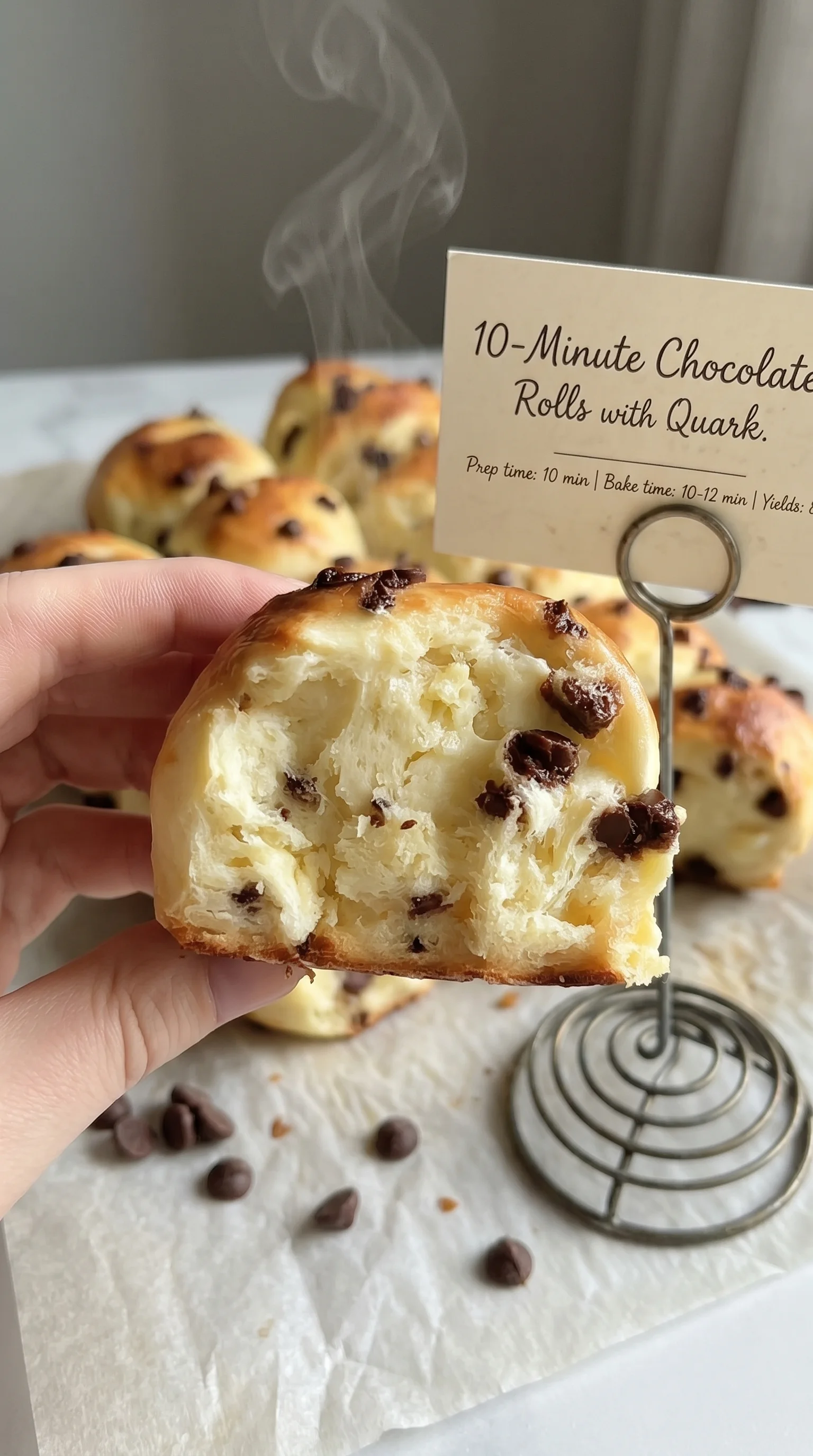 A person holding a piece of chocolate bread with chocolate chips.