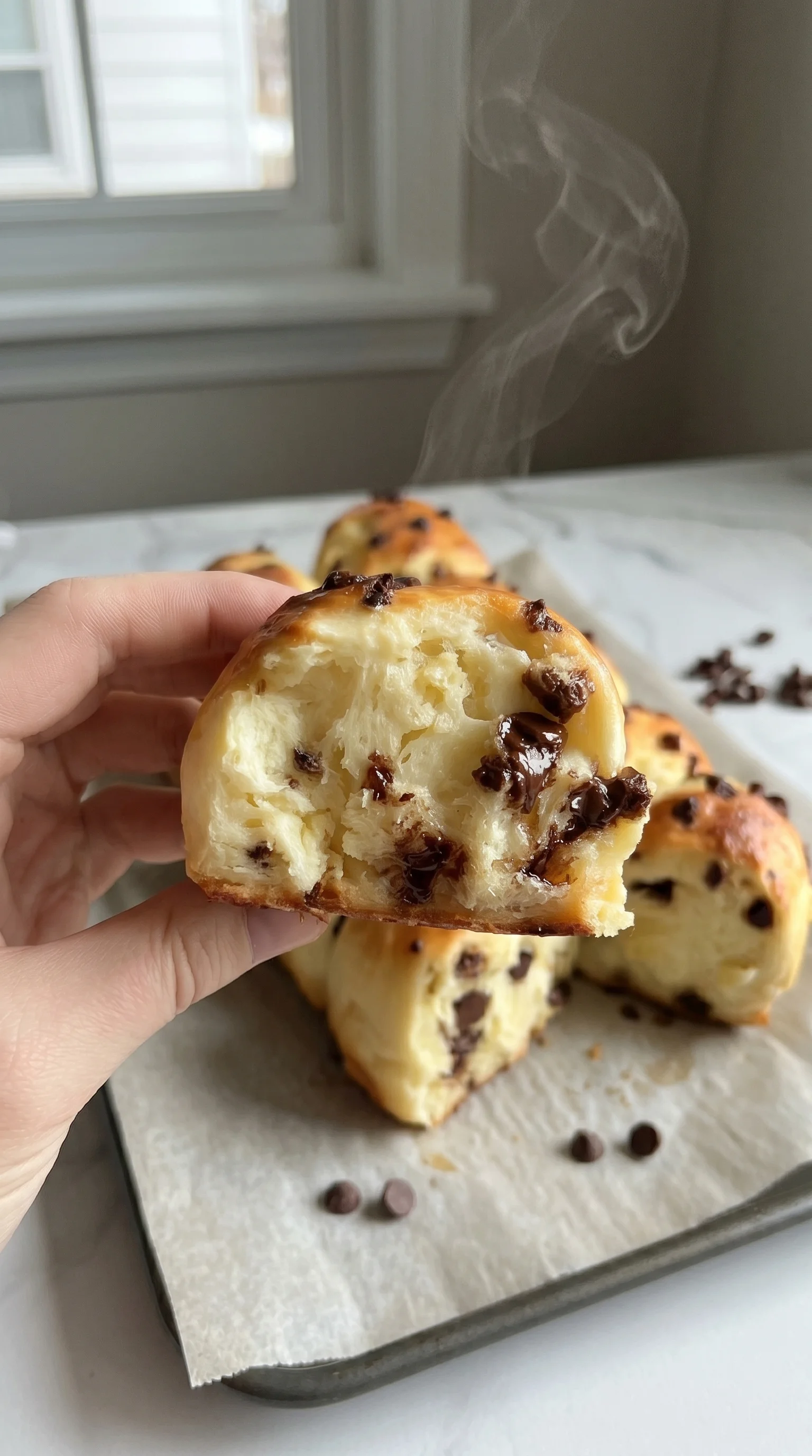 A person holding a piece of chocolate bread.