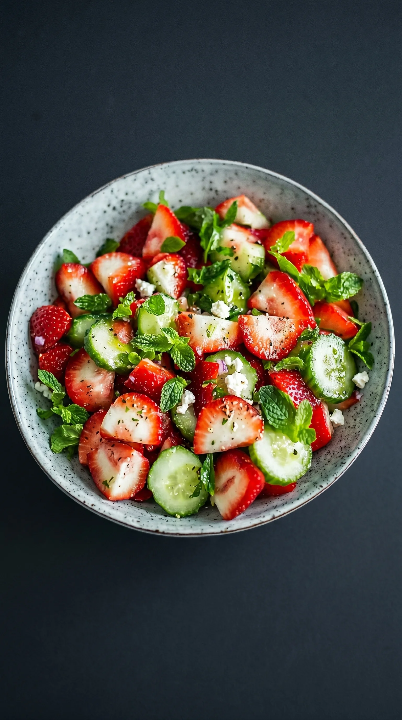 A bowl of fruit salad with strawberries and cucumbers.