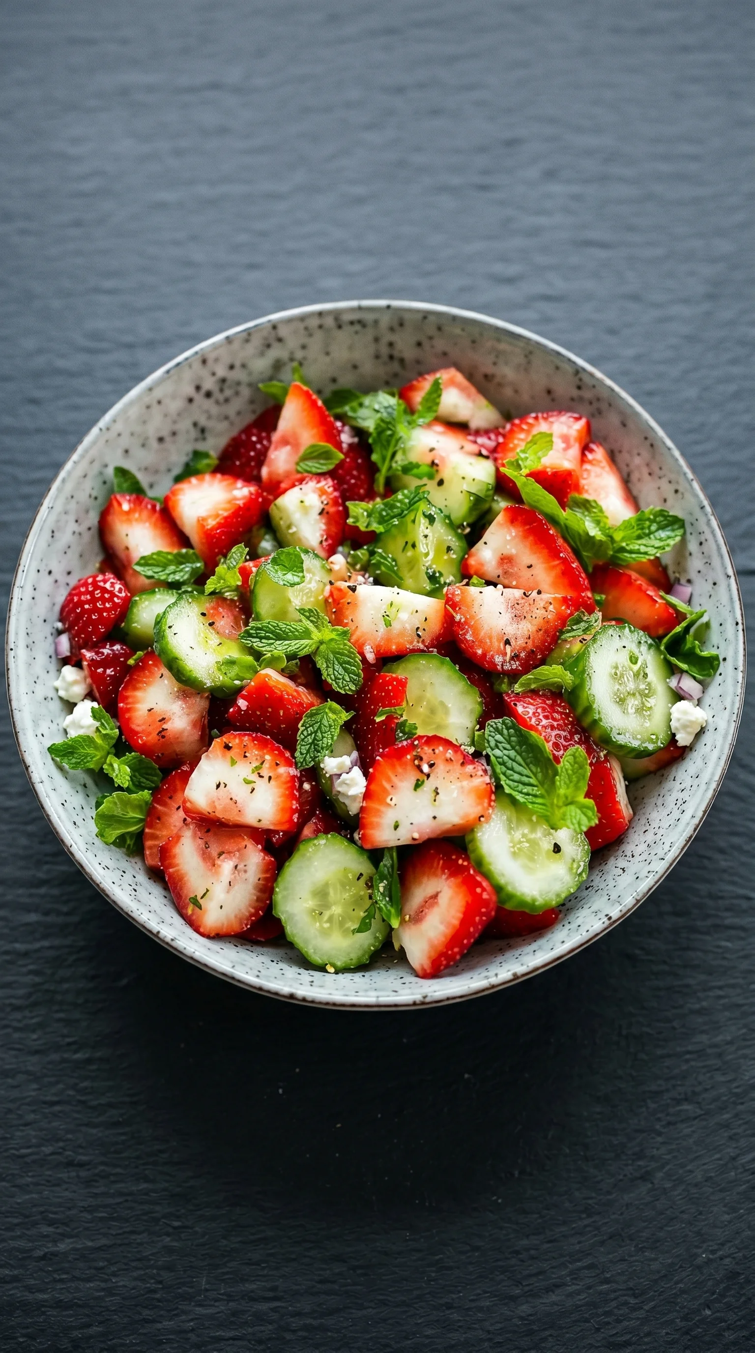 A bowl of fruit salad with strawberries, cucumbers, and mint.