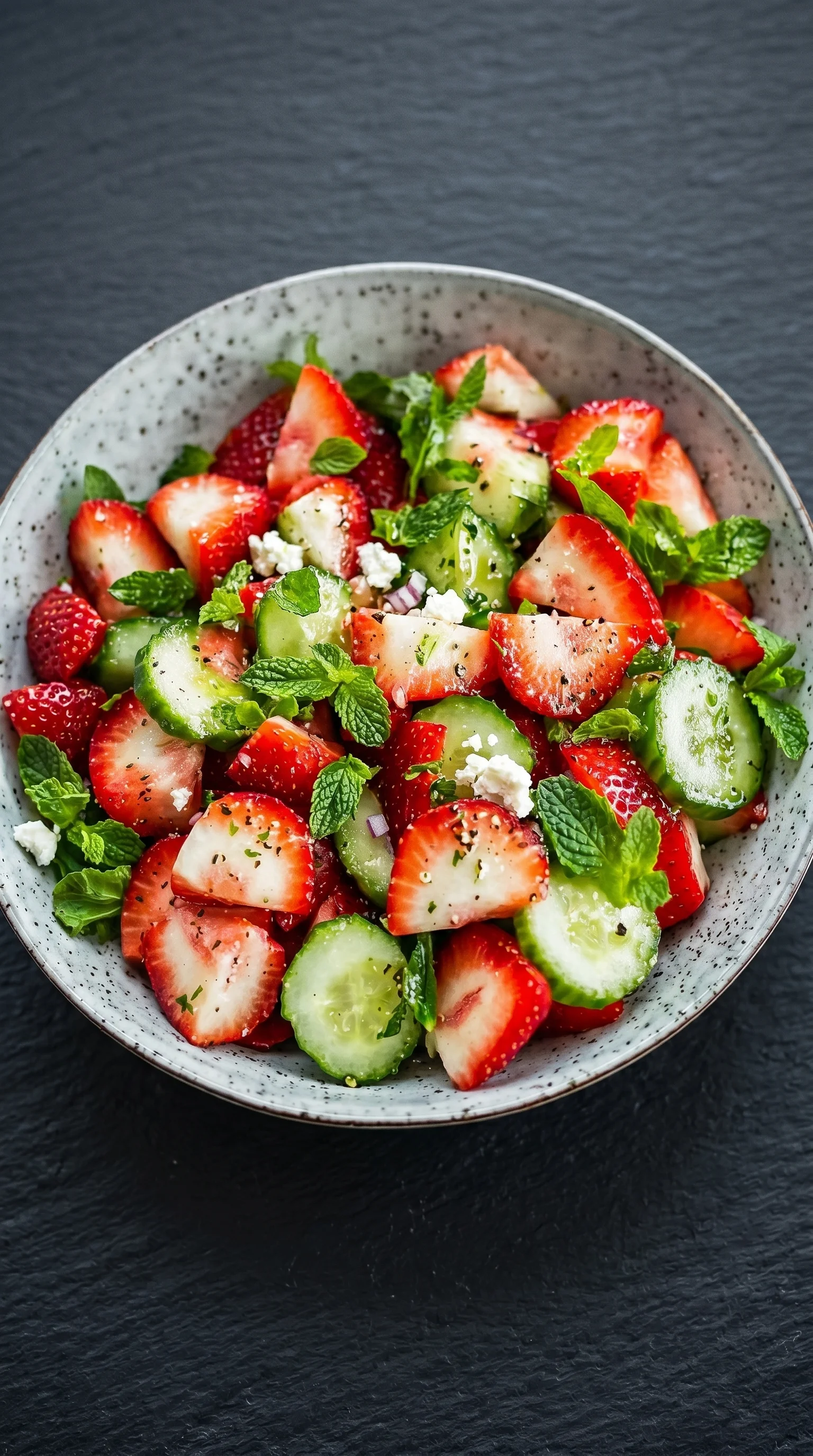 A bowl of fruit salad with strawberries, cucumbers, and mint.