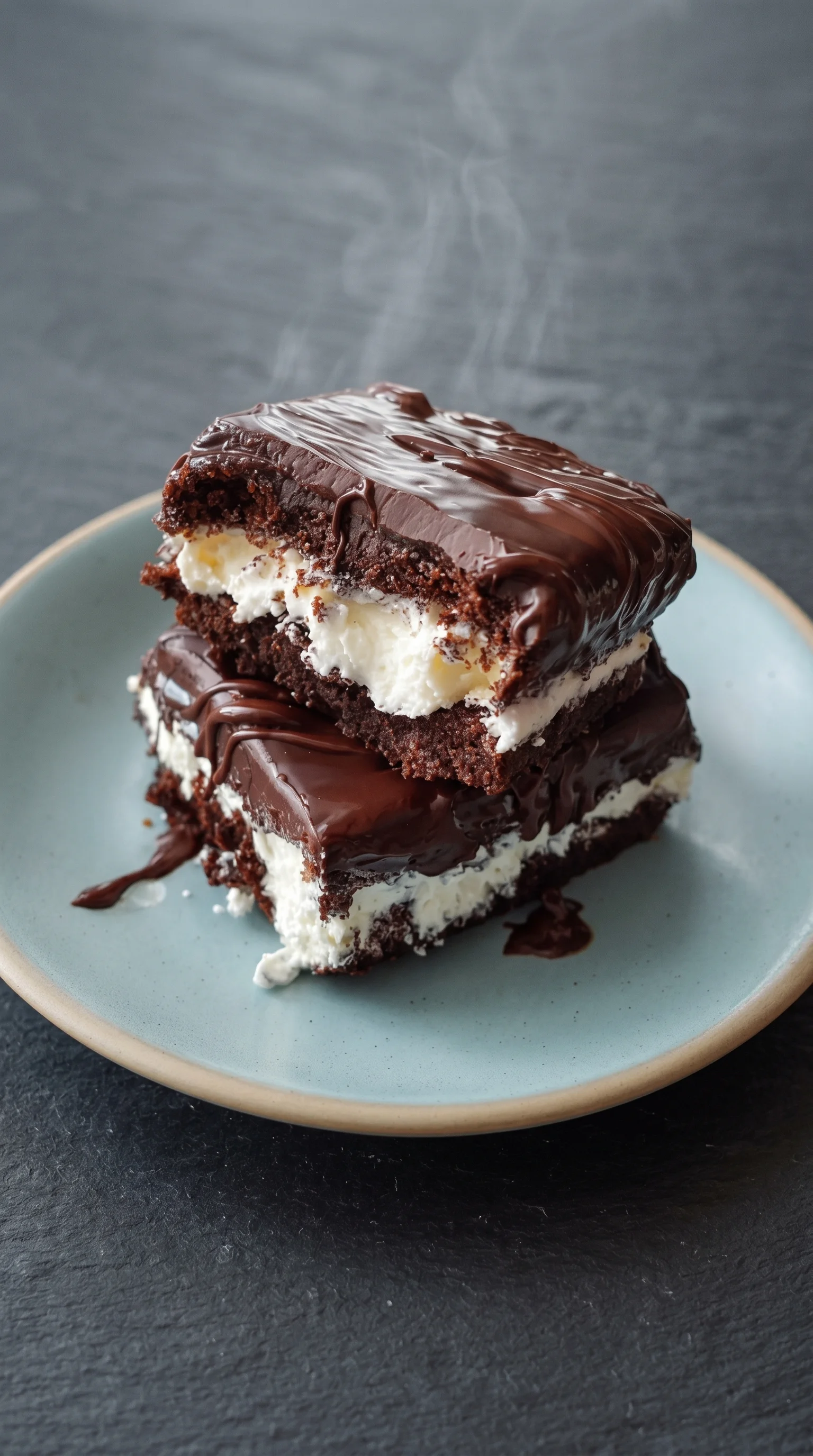 A chocolate cake with white frosting and chocolate drizzle.