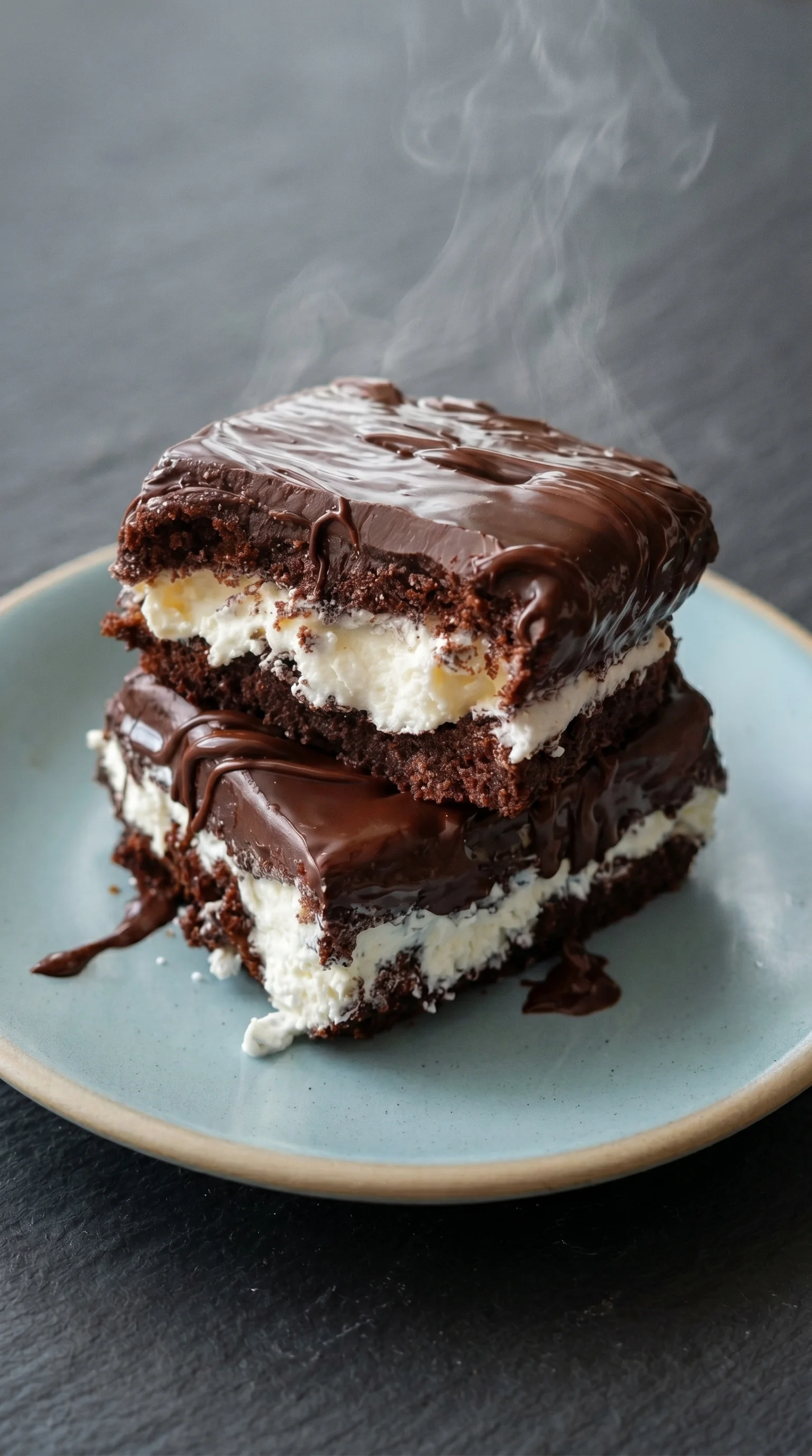 A stack of chocolate cake with white frosting.