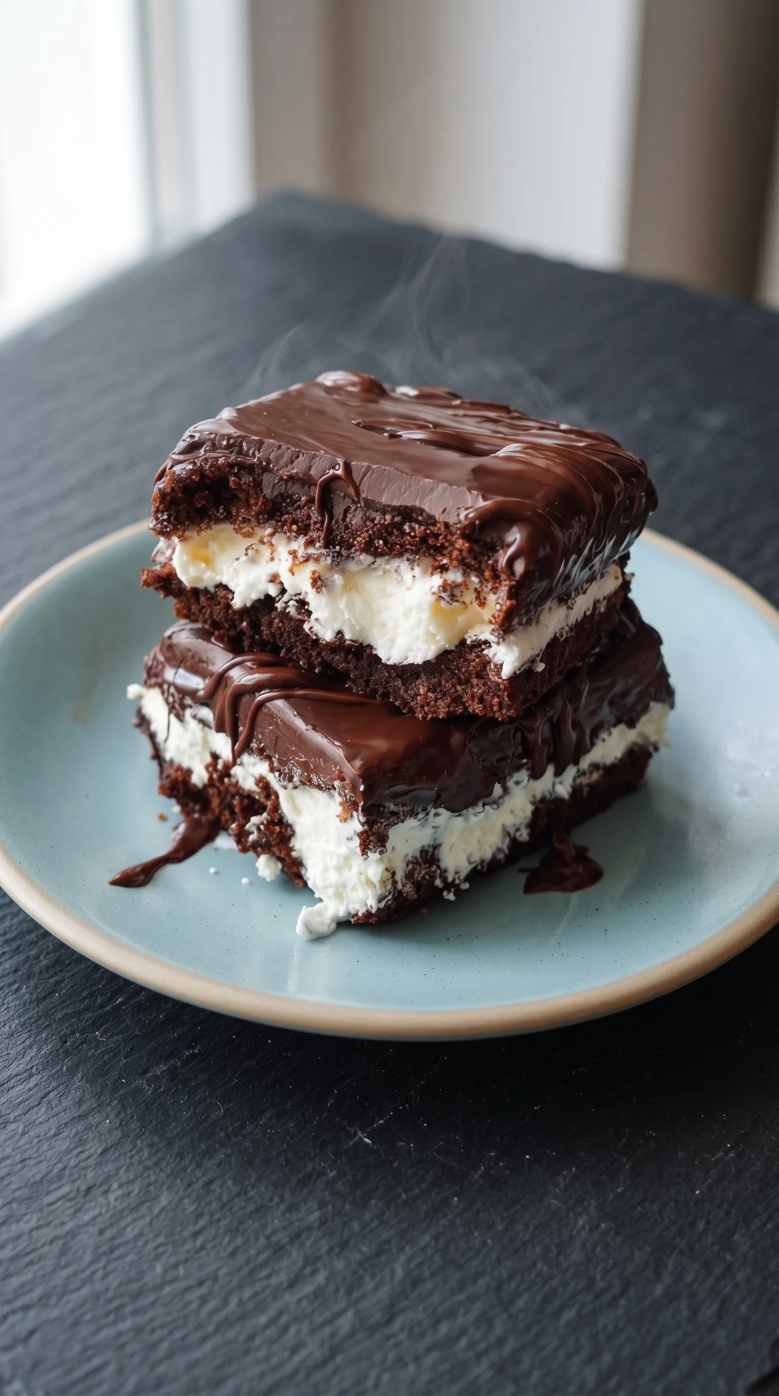 A chocolate and white dessert on a blue plate.