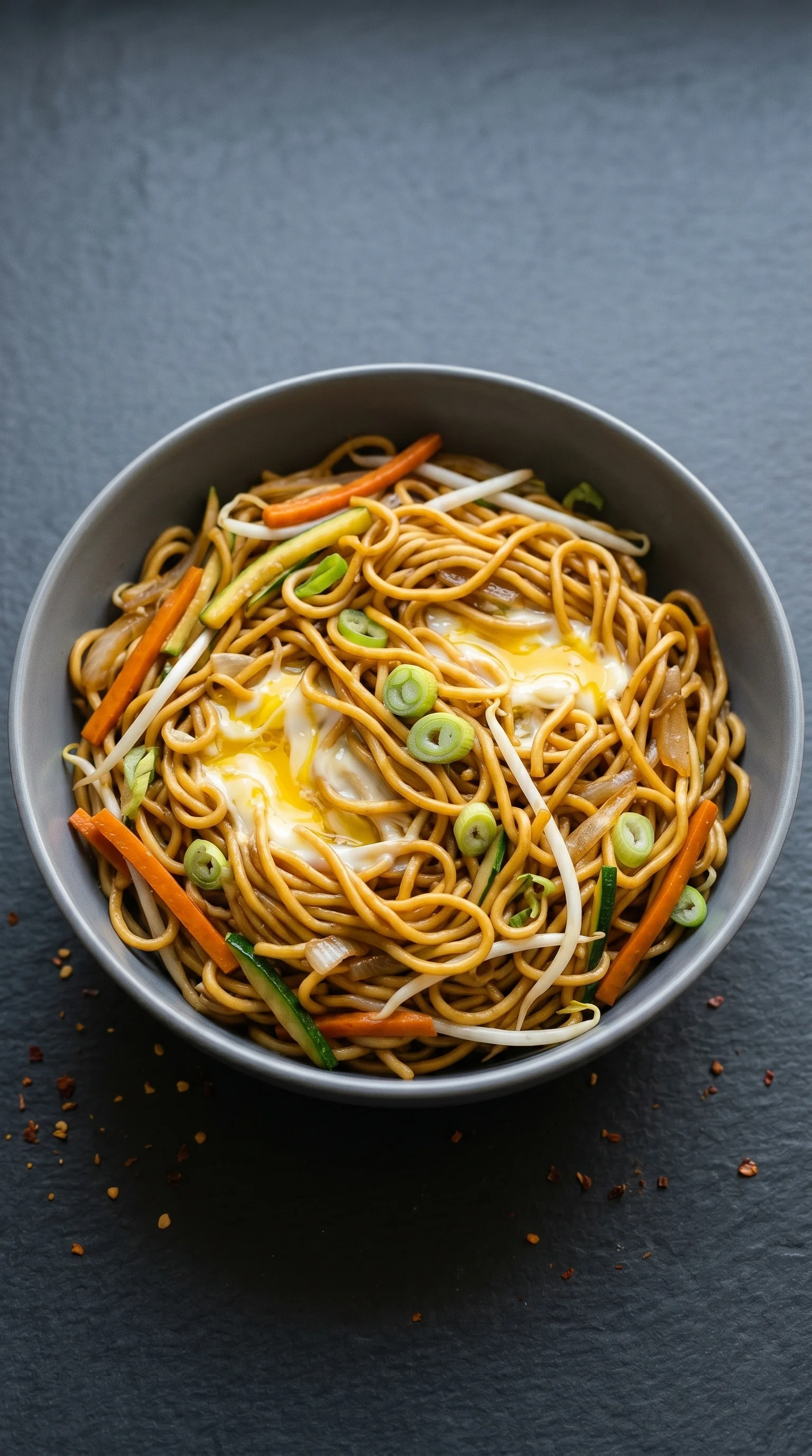 A bowl of noodles with vegetables and cheese.