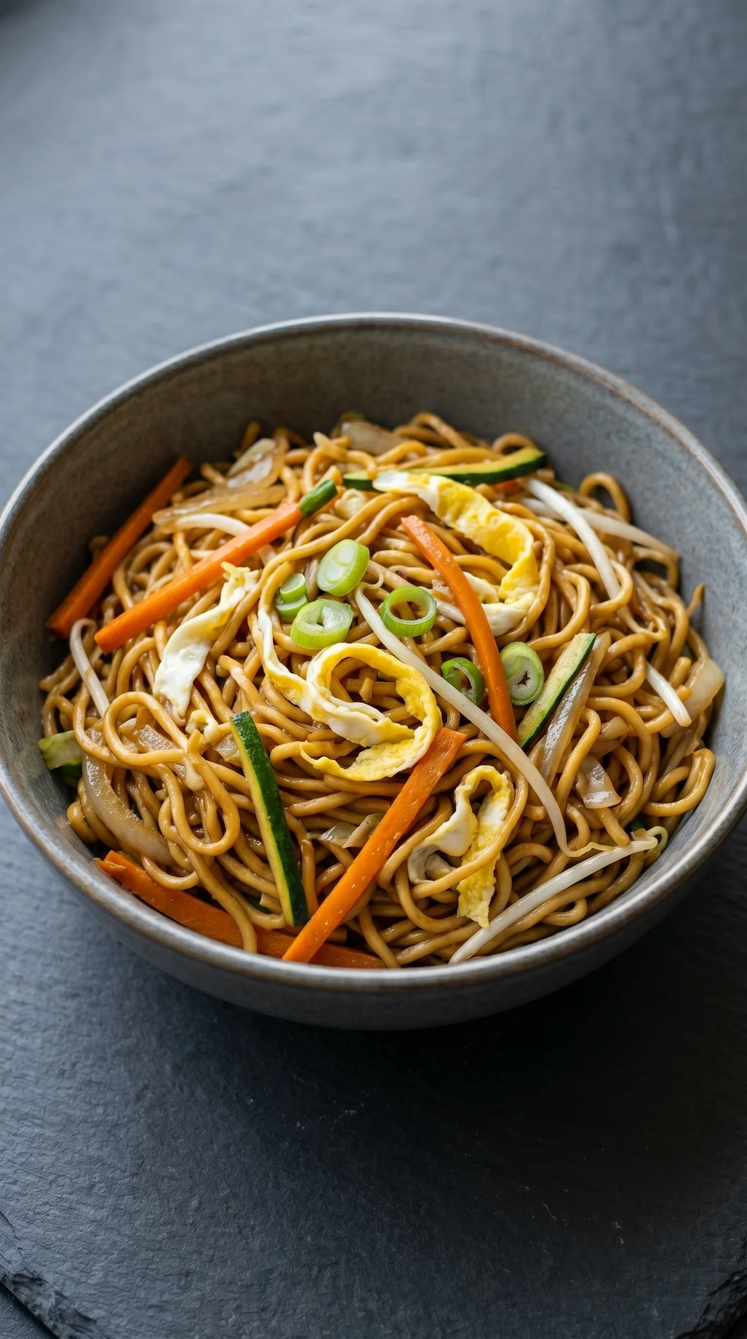 A bowl of noodles with vegetables and egg.