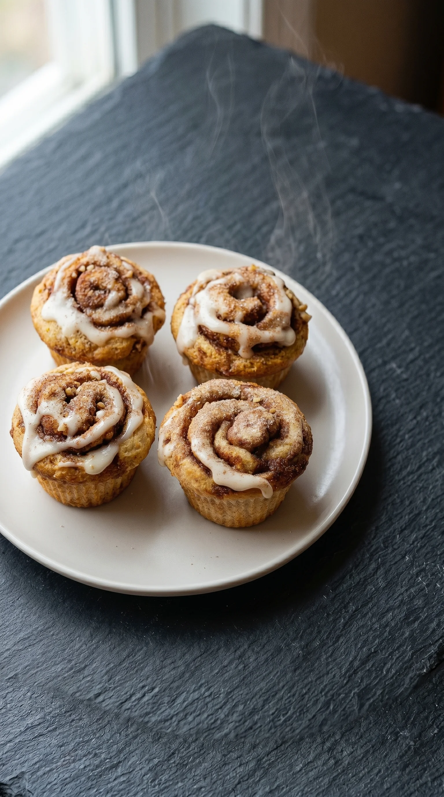 Three cinnamon roll protein muffins on a plate.